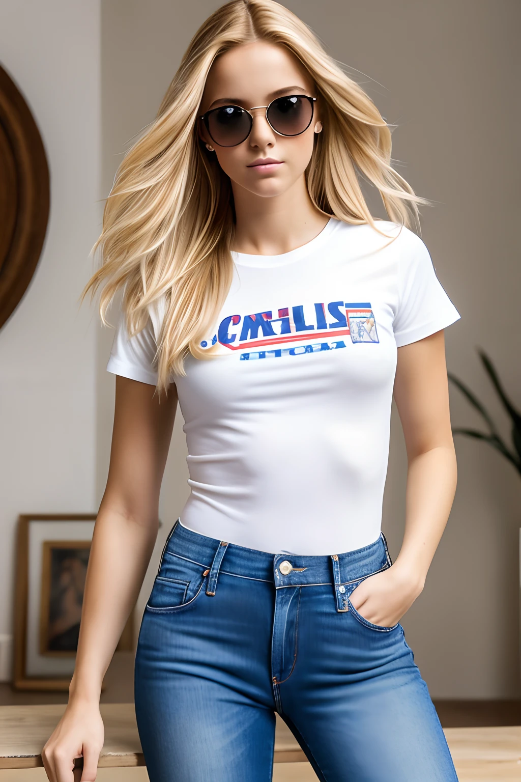 ((La mejor calidad)), ((Obra maestra)), (Detallado), Cara perfecta, mujer, 21-year-old, rubia, ingeniera, arquitecta, uniforme de empresa, en cual incluye los siguientes implementos: casco de seguridad blanco, brown safety boots, blue jean pants, Tight pants, camisa celeste, chaleco con cinta reflectiva, uniforme de seguridad de empresa, working on construction site, working in mining, cuerpo entero.