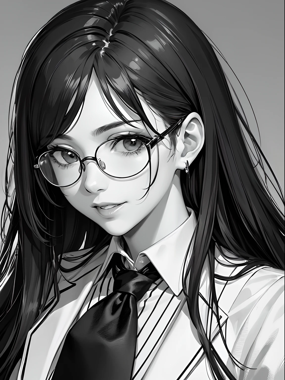 masterpiece、top-quality、hight resolution、High-quality images、8K、1maidennurse、detaileds、Detailed eye depiction、skin gloss、shinny hair、Monochrome grayscale、cabelos preto e longos、Soft hair、Lisa、Speciality、Glasses、fancy dress、False beard、Men's Suits、Loosened tie、Thin laughter
