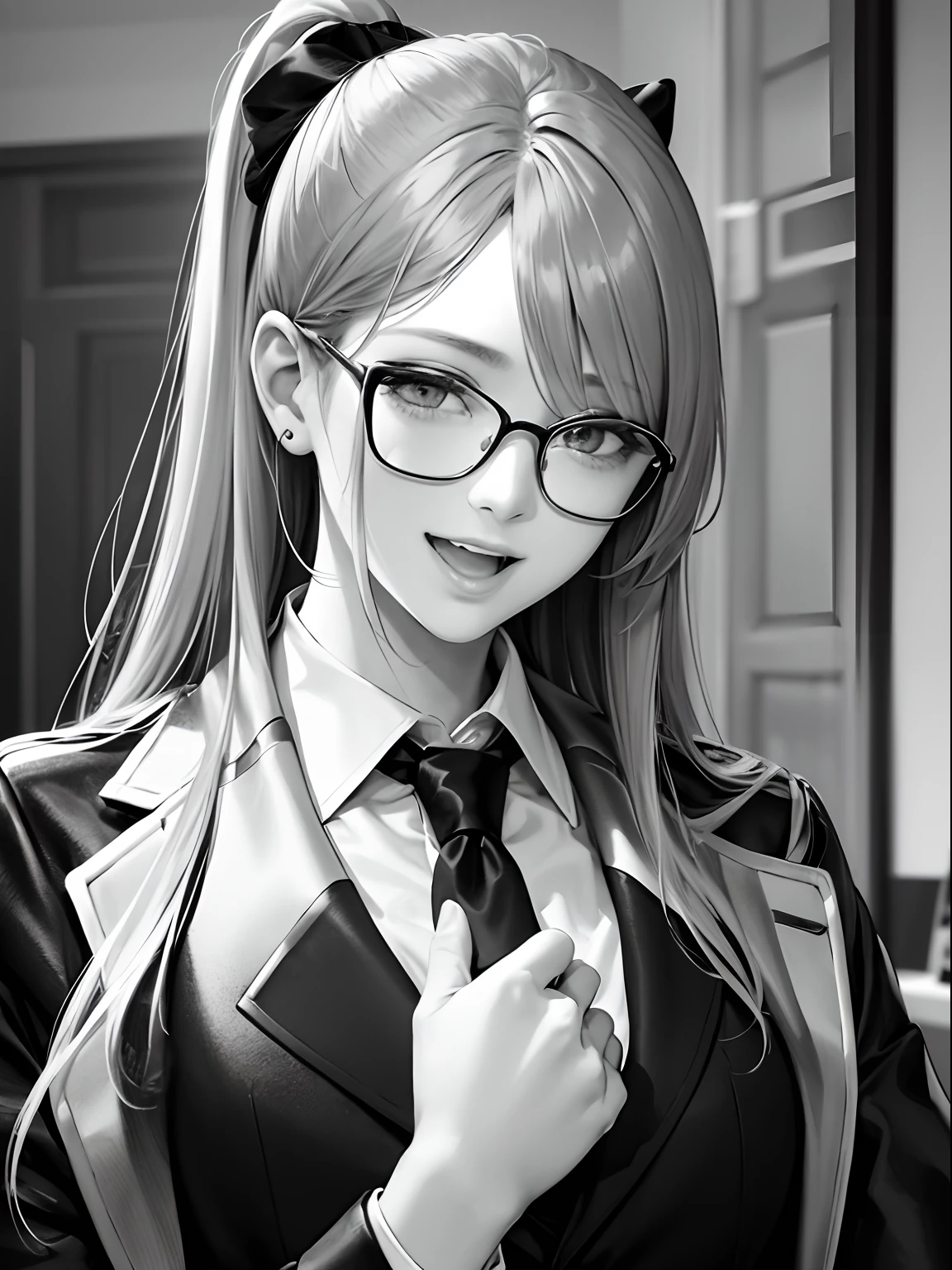 masterpiece、top-quality、hight resolution、High-quality images、8K、1maidennurse、detaileds、Detailed eye depiction、skin gloss、shinny hair、Monochrome grayscale、cabelos preto e longos、Soft hair、Lisa、Speciality、Glasses、fancy dress、False beard、Men's Suits、Loosened tie、Thin laughter