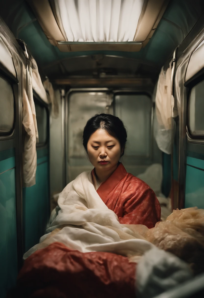 Ultra-hyperreal、Severe strong winds and pouring rain、Woman's bedroom at night with a large bed with closed dirty curtains due to a large amount of rotting internal organs, seafood, Manure and vomit scattered in contaminated, white, cloudy sewage are crooked and flowing on the train floor.、Japan fat woman in her 20s holding umbrella、Contorting the face into a stench、Wearing a look of anguish、Spit out a large amount of food or internal organs through a wide open mouth