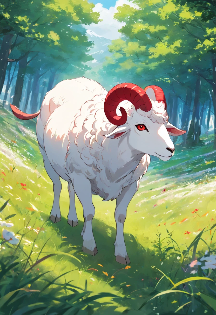 a detailed anime drawing of a dangerous white ram with red markings on its body, large curled horns, and red eyes wandering through a meadow by itself