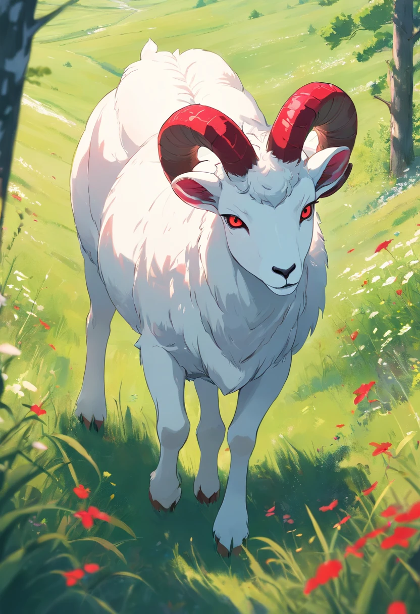 a detailed anime drawing of a dangerous white ram with red markings on its body, large curled horns, and red eyes wandering through a meadow by itself
