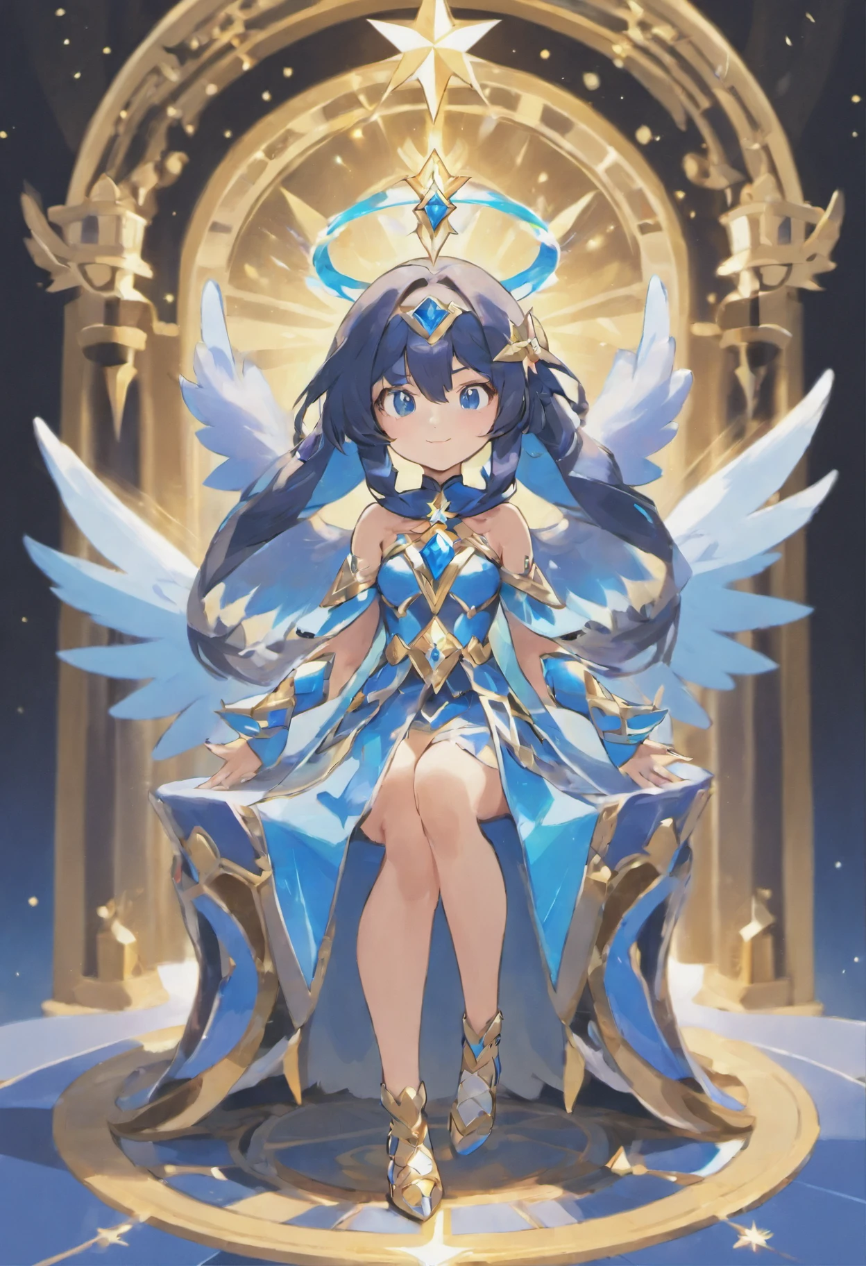 Full Body, Dark blue-haired young girl, blue eyes, angelic body and face, and a blue crystal armor with a mini skirt, wield a spear, wear a cloak, shield, and golden circlet, sitting on the throne of blue heaven, white seraphic wings, dusk, and dawn background scene, the magic circle with a diamond star, innocent smile, stable diffusion v5, anime style v3, lora style v5, dynamic, image enhance, dream shape, vibrant, realistic face, 32k resolution, upscale, sharp focus, best quality, masterpiece, ghostmix, flat color, flat light.