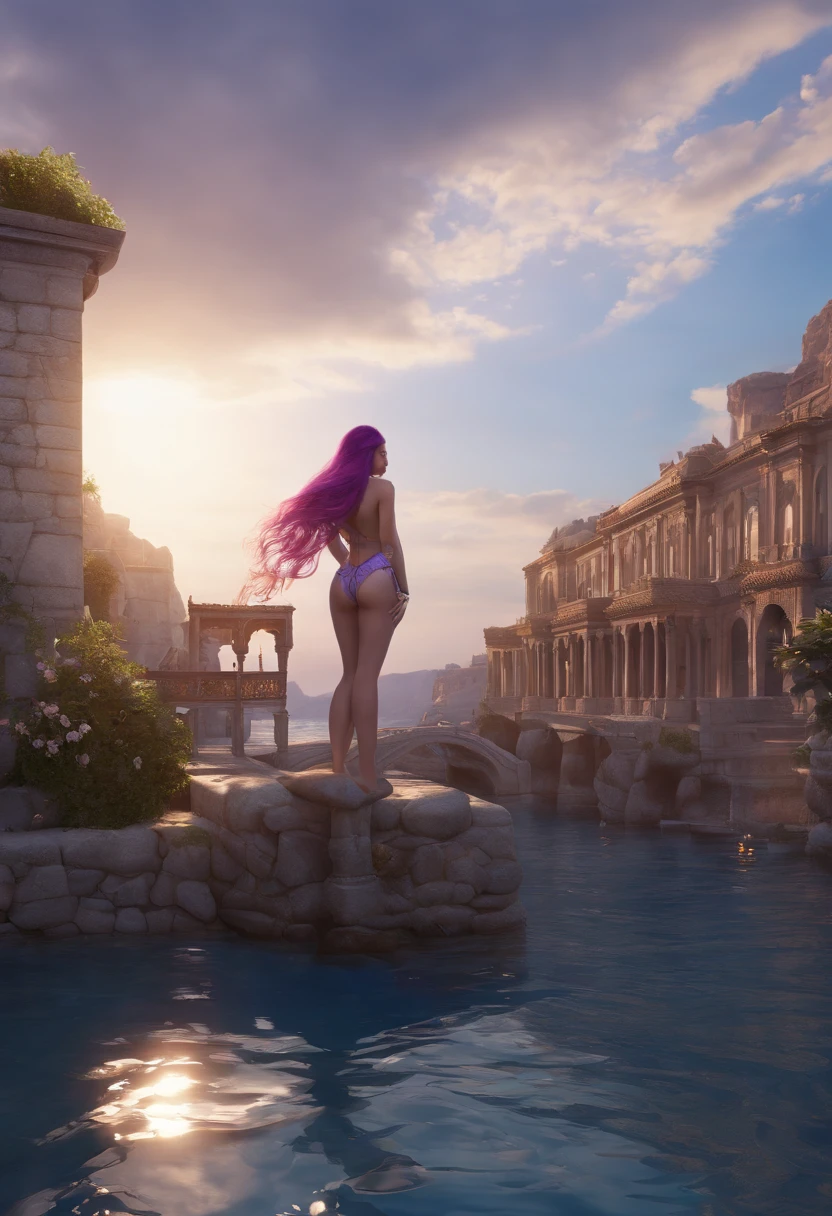 masterpiece, best quality,kfk, 1girl, bangs, , breasts, gloves, jewelry, large_breasts, long_hair, pantyhose, purple_eyes, purple_hair, solo,viewer,sunglasses, body revealingbikini, (sun, cloud,renaissance city around water,outdoors :1.1),rendered in blender((isometric)),