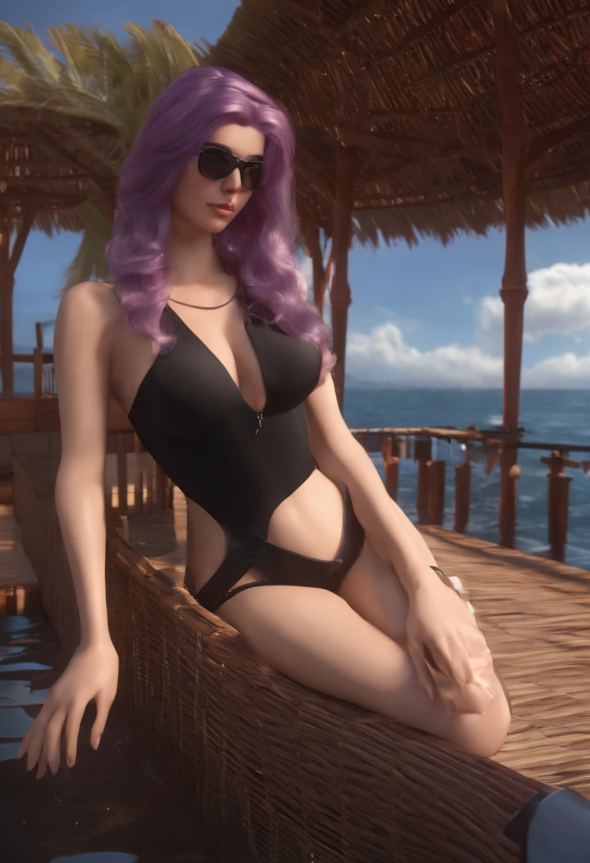 masterpiece, best quality,kfk, 1girl, bangs, , breasts, gloves, jewelry, large_breasts, long_hair, pantyhose, purple_eyes, purple_hair, solo,viewer,sunglasses, body revealingbikini, (sun, cloud,renaissance city around water,outdoors :1.1),rendered in blender((isometric)),