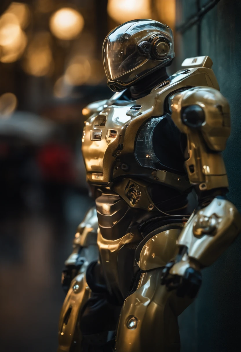 Photo portrait of camouflaged mechanical suit (transparente), ((bokeh claro)), complexo, (liquid water (translucent) [ferrugem]), Sharp and elegant focus, Foto tirada por Greg Rutkowski, soft-lighting, cores vibrantes, obra-prima, ((ruas )), rosto detalhado