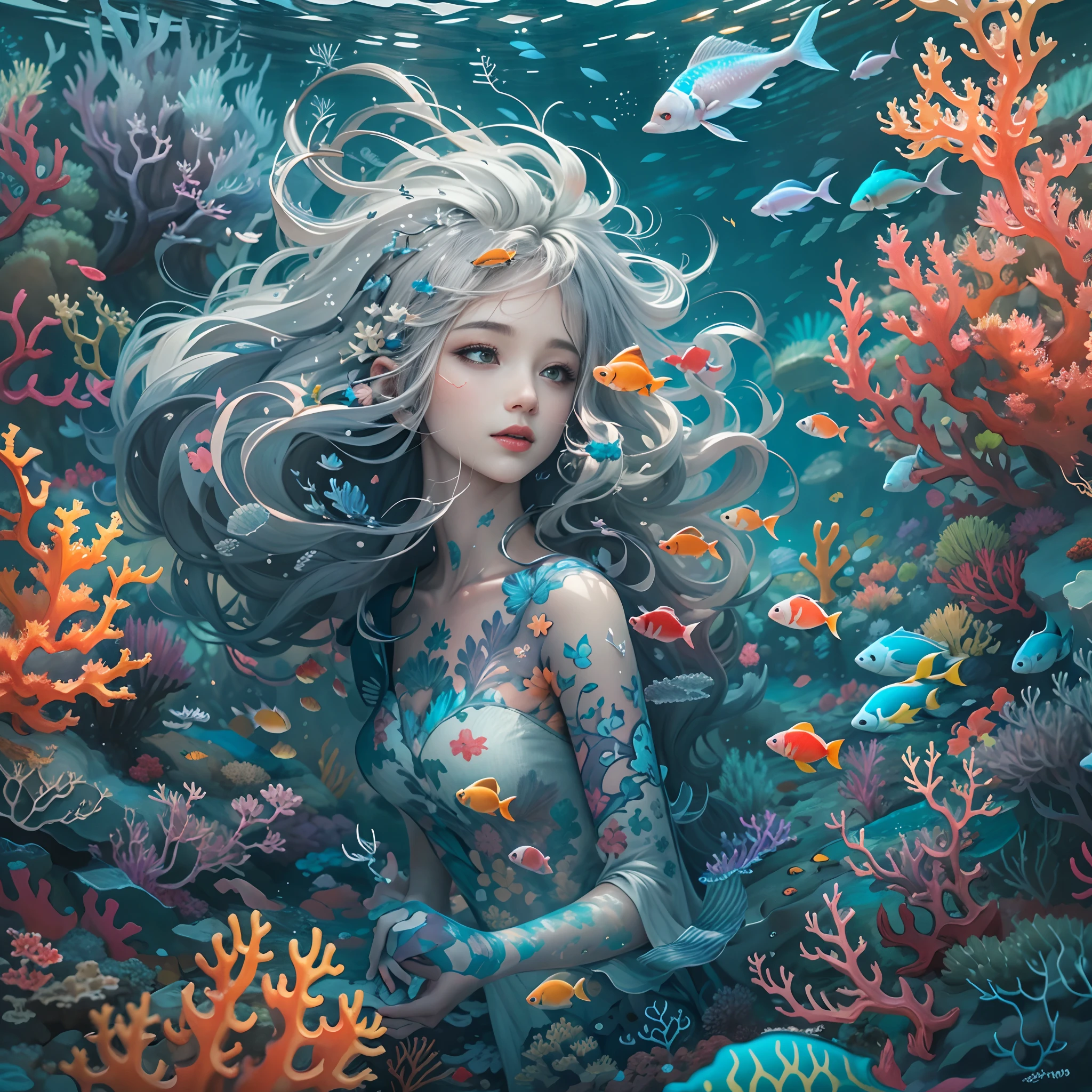 Conceptual Art of Marine Life, Undersea scenery, Marine life，Beautiful coral reefs come in many shapes, 。.3D，, Fish, Women Animated Fantasy Illustration. Long gray hair scattered in the sea, drift, Very harmonious. The whole painting adopts a messy and imaginative painting style. the color is bright and saturated, And with smooth lines. The mystery and beauty of the sea, This picture is、It depicts an underwater world full of vitality and vitality, Animation Art Wallpapers 8K