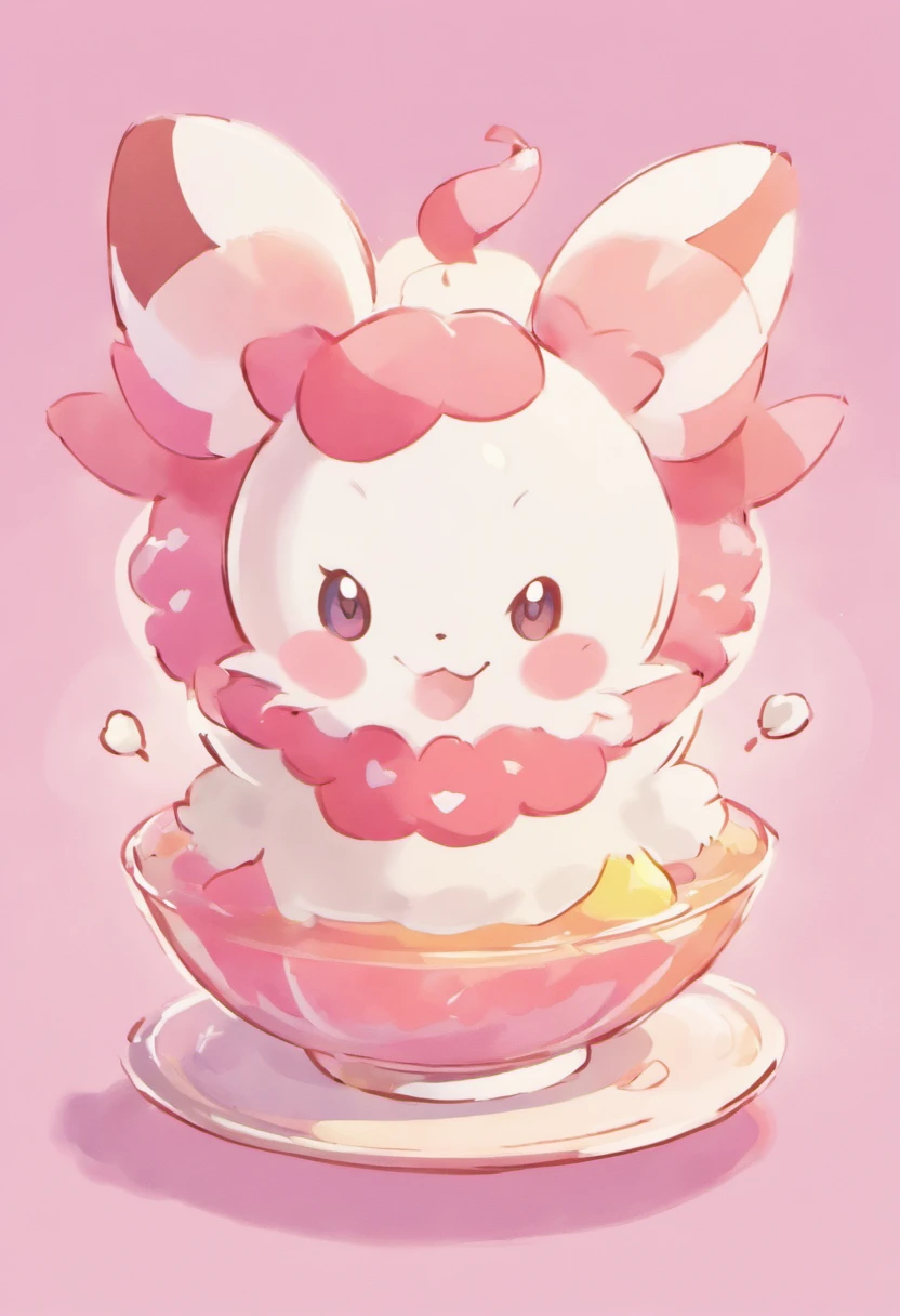 Pokémon Pudding,Cartoon image of pink and white Pokémon character, Pastels inspired by Chinese writers, shutterstock, mingei, Bulbapedia, pink iconic characters, similar to pokemon, style of cute pokemon, cute mouse pokemon, mew, new pokemon, guggimon, sylveon, illustration pokemon, leaked image, weird pokemon, ken sugimori art