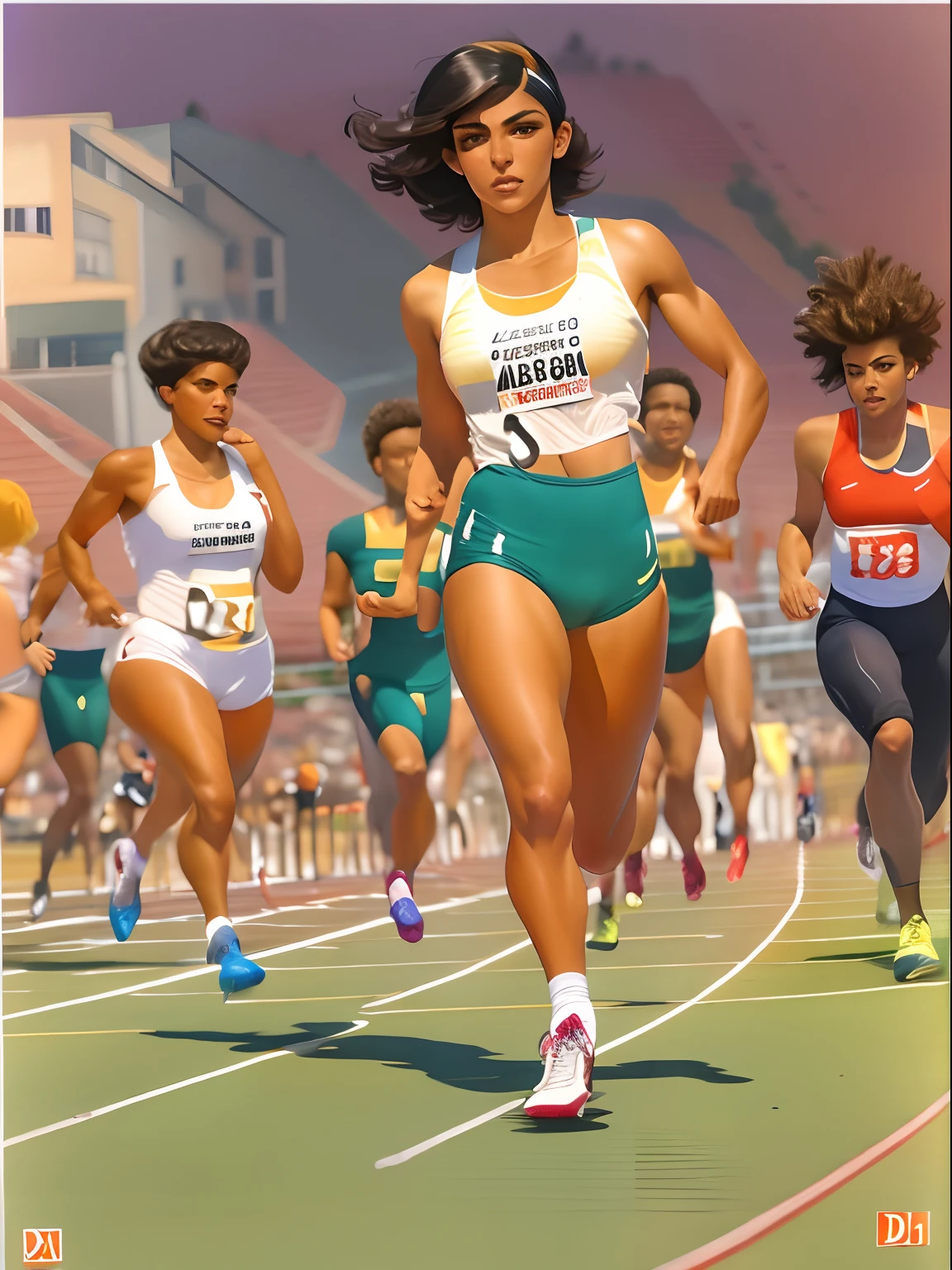 (SFW)Inspirado na arte de John Buscema,1 garota, short hair up to the shoulders, pelos castanhos, olhos negros, corpo delgado, middlebreasts, entusiasmada, wearing women's college track and field uniform, sensual, Foot sneakers, standing posing, preparando-se para correr na pista  de atletismo, cena detalhada, cena perfeita,(SFW)