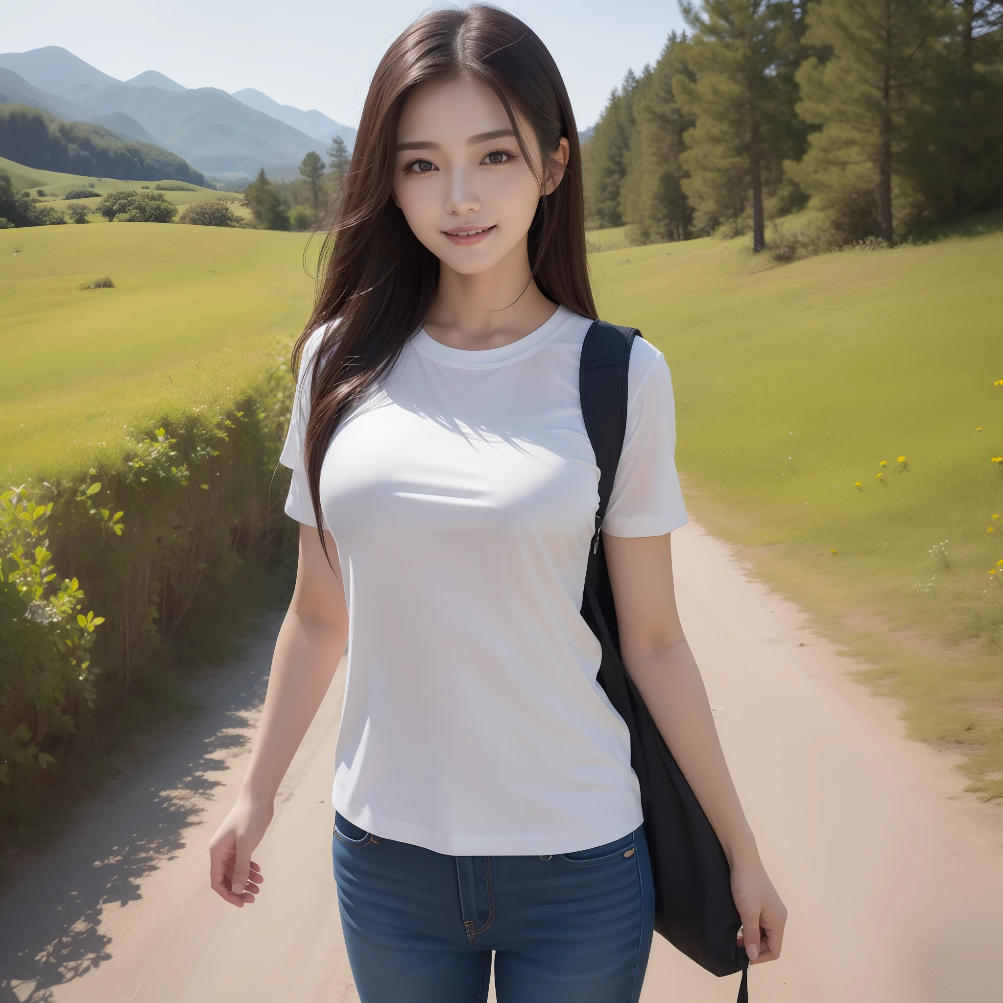 One lady、((best qualtiy、8k masterpieces:1.3))、foco nítido:1.2、(ultra beautiful faces:1.0)、(shinny skin:1.0)、photos realistic、A dark-haired、Video Lighting、High-definition eyes and face、Video Lighting、(Korean Cute Actress)、from the front side、medium breasts、smile、Slender Abs Beauty、Whole body、wearing t-shirts、On the trail in the early morning、