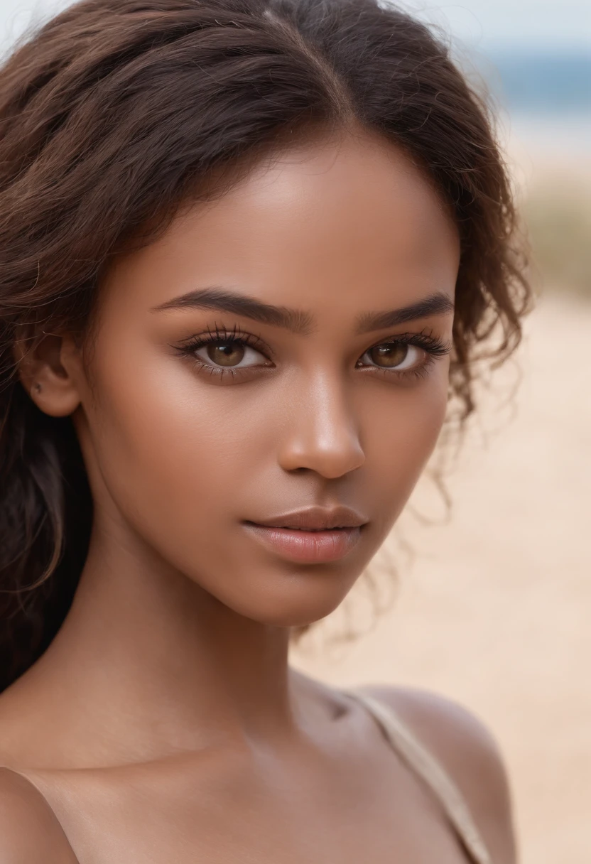 dark brown skin, beautiful face, afro hair, natural afro, long hair, african tribal theme, gold jewelry, ((crystal clear hazel eyes:1.2)), detailed eyes, beautiful eyes, ((masterpiece, UHD, 8K)), Depth of field, sand dunes, cleavage, large breasts, focus on eyes, breasts popping out, detailed skin, texture skin, sexy shoulders, golden brown tan, highly detailed skin, long eyelashes, black mascara, perfect face