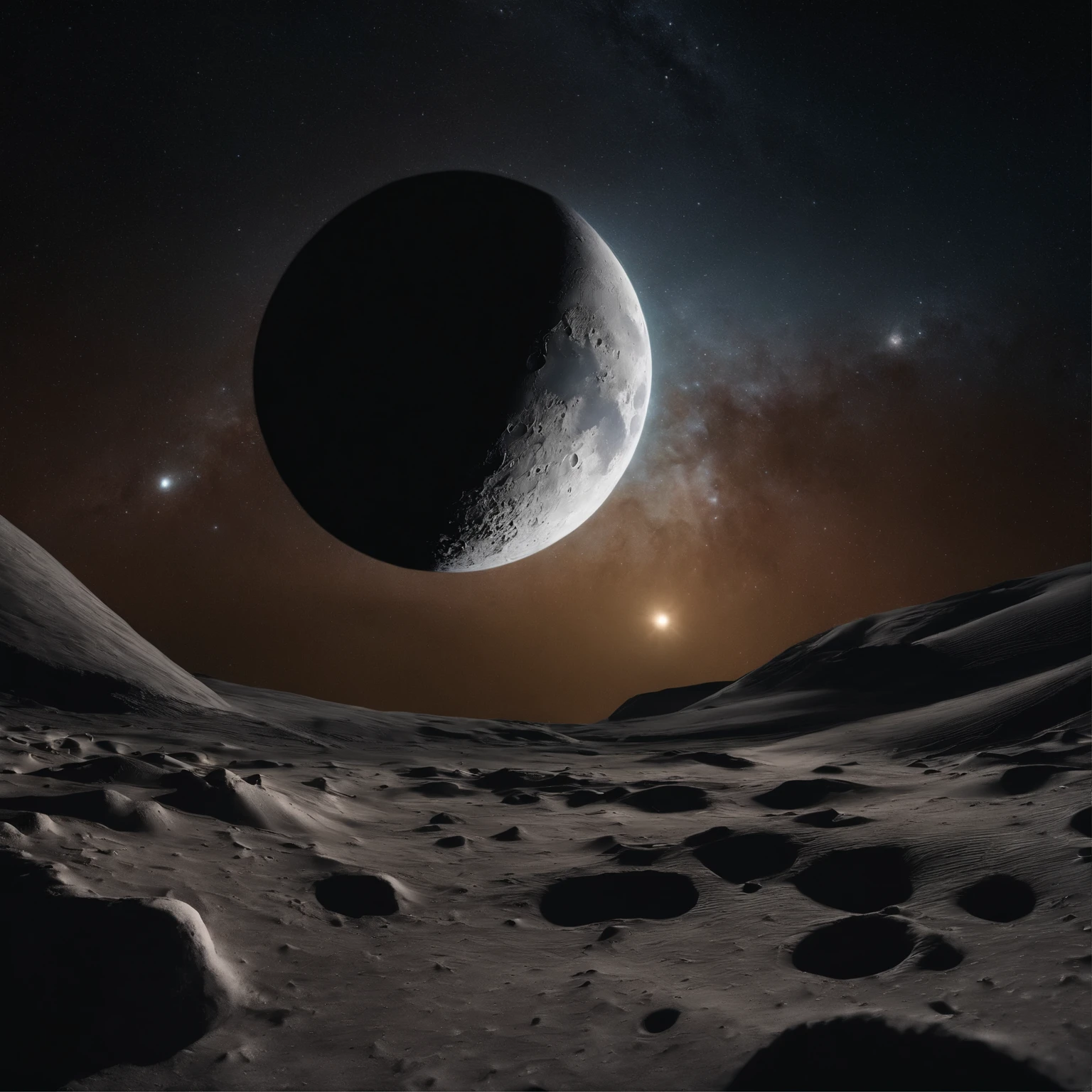 Master Parts、Superior Quality、superior image quality、The 8k quality、Beautiful pictures of the starry sky、magnifica、Arched Milky Way:1.25、Alafed view of Earth from the lunar surface:1.25, Lunar surface, space photo, on the moon, moon background, moon background, on the moon, Lunar soil, space photo, moonscape, Focus on the Moon, On Moon, Numerous craters, Seeing the Earth from the surface of the moon:1.9, big earth in the sky:1.9, Crashed and weathered spaceship