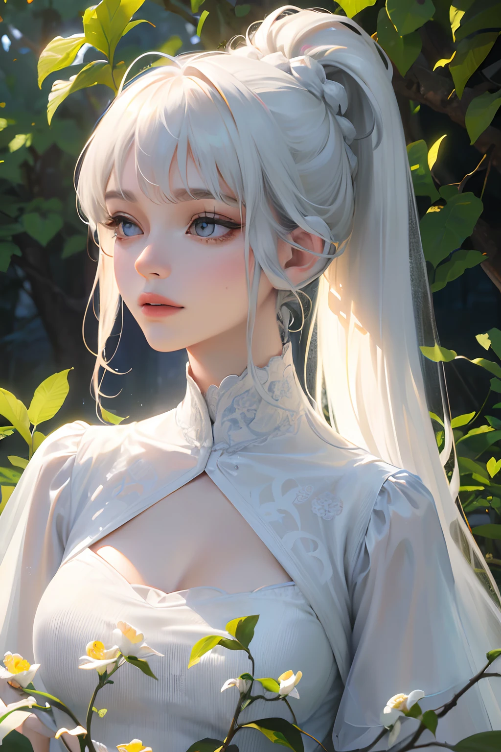 (best quality,4k,8k,highres,masterpiece:1.2),ultra-detailed,(realistic,photorealistic,photo-realistic:1.37),portrait,character,illustration,oil painting,beautiful detailed eyes,beautiful detailed lips,extremely detailed eyes and face,long eyelashes,white clothing,long white hair,ponytail hairstyle,blue eyes,fair skin,full body,peaceful expression,standing in a garden surrounded by blooming flowers,sunlight filtering through the leaves,soft and warm colors,gentle breeze,rustling sound of the wind,subtle shadows,dreamy atmosphere