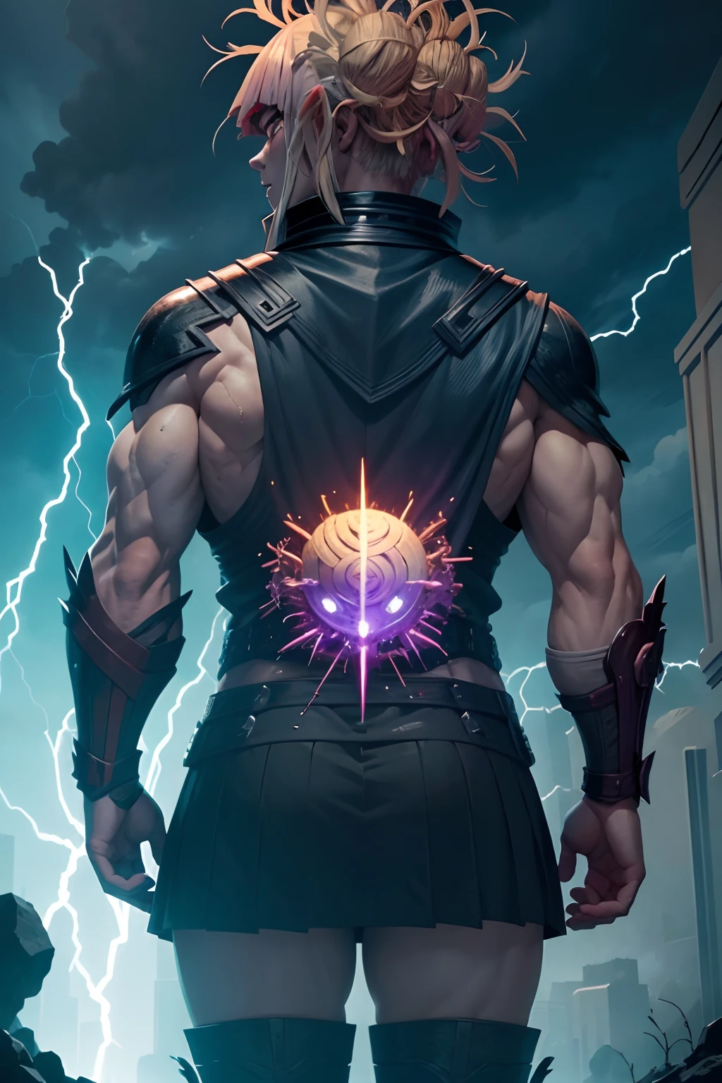 Imagine and describe a fused being formed by Toga Himiko, the chameleon-like villain from My Hero Academia, and Thor, the god of thunder from Marvel. It details how this combined entity takes on the appearance of a divine and sinister warrior, describing his clothing, face, and distinctive features. Then, explore the unique abilities and powers that this being possesses, how they use their shapeshifting and thunder control abilities, and how they interact with their surroundings and the characters of both universes.