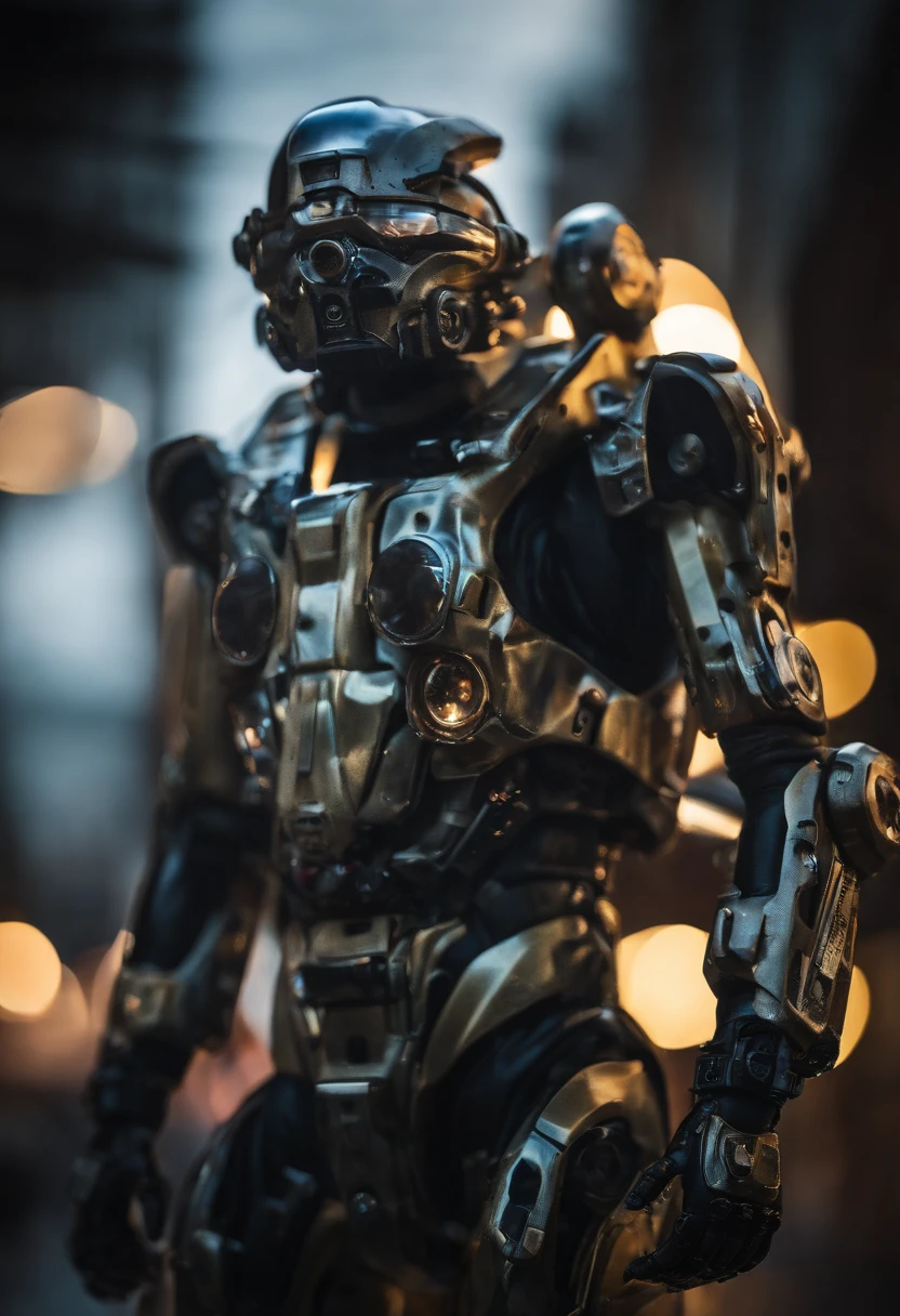 Photo portrait of camouflaged mechanical suit (transparente), ((bokeh claro)), complexo, (liquid water (translucent) [ferrugem]), Sharp and elegant focus, Foto tirada por Greg Rutkowski, soft-lighting, cores vibrantes, obra-prima, ((ruas )), rosto detalhado
