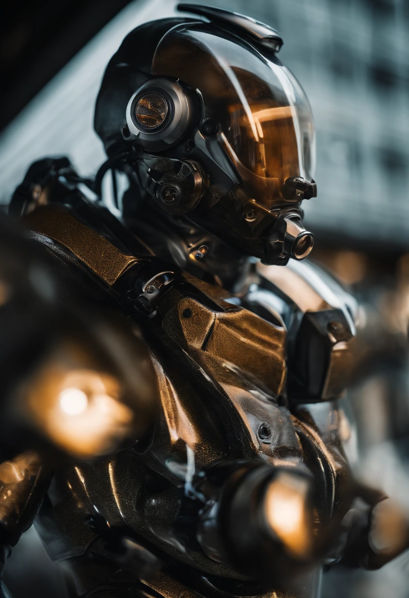 Photo portrait of camouflaged mechanical suit (transparente), ((bokeh claro)), complexo, (liquid water (translucent) [ferrugem]), Sharp and elegant focus, Foto tirada por Greg Rutkowski, soft-lighting, cores vibrantes, obra-prima, ((ruas )), rosto detalhado