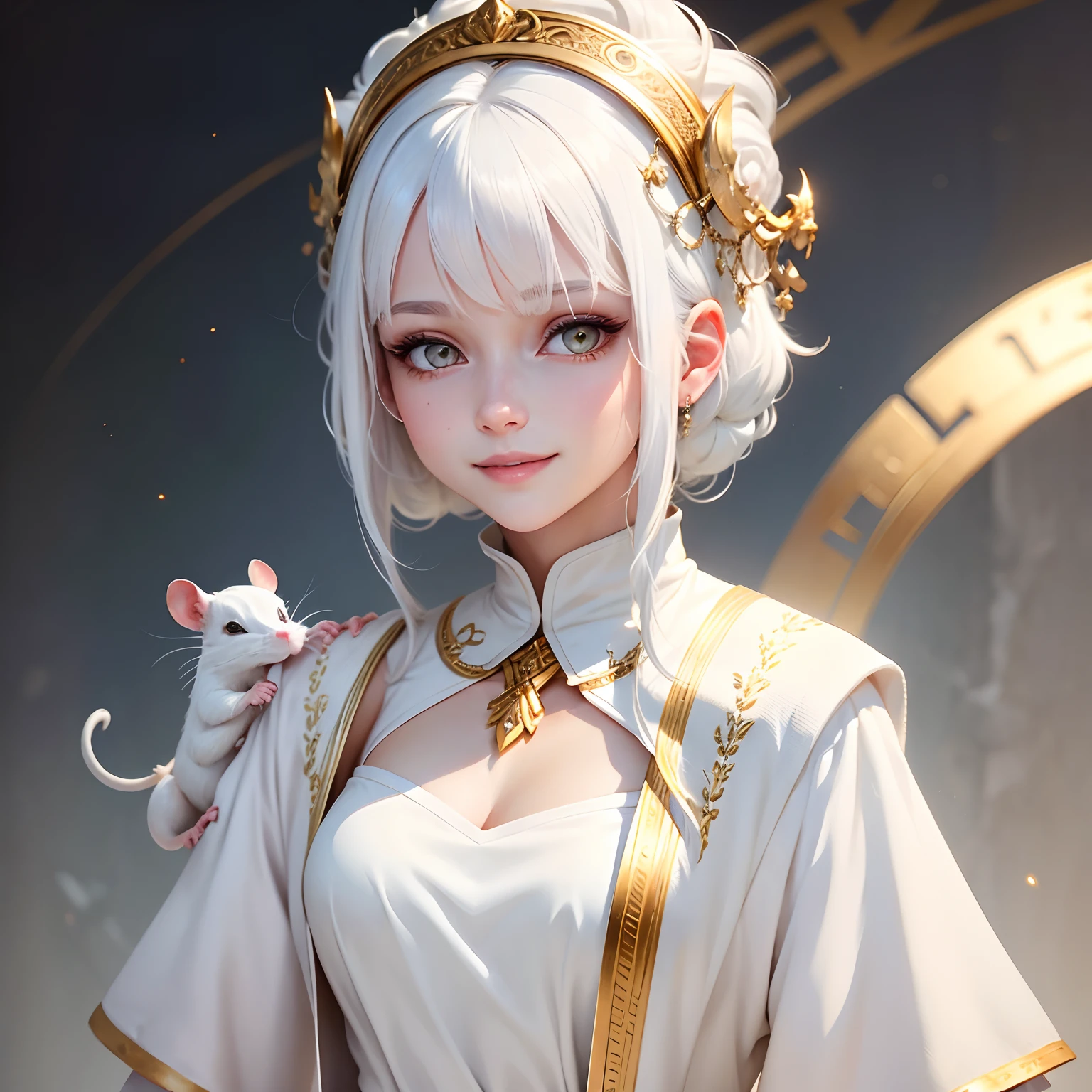 best quality, white hair, gold eyes, white clothes, looking up, upper body, hair strand, Fair skin, smiling, A rat is on her shoulder