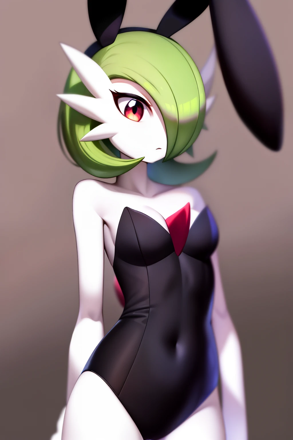 masterpiece, best_quality, 1girl, solo, gardevoir, creatures \(company\), game freak, nintendo, pokemon, pokemon \(game\), bangs, colored skin, female focus, gen 3 pokemon, green hair, green skin, hair over one eye, multicolored skin, pokemon \(creature\), red eyes, short hair, two-tone skin, white skin, playboy bunny, black leotard,