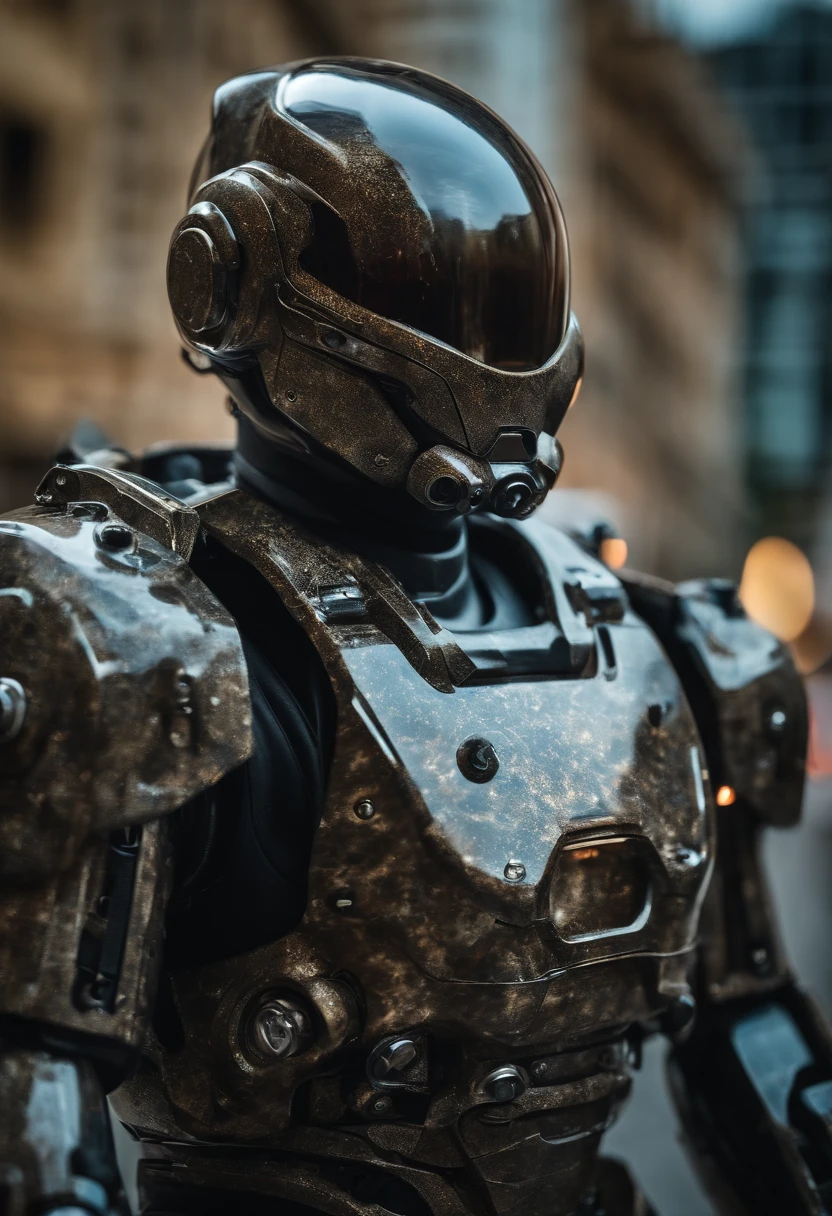 Photographic portrait of camouflaged mechanical suit (transparente), ((bokeh claro)), complexo, (liquid water (translucent) [ferrugem]), Sharp and elegant focus, Foto tirada por Greg Rutkowski, soft-lighting, cores vibrantes, obra-prima, ((ruas )), rosto detalhado