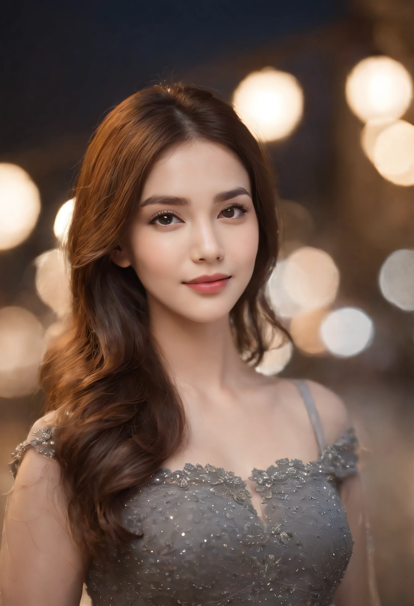 ((Best quality, 8k, Masterpiece :1.3)), 1girl, smiling, full body, slim face, Pretty woman, (Dark brown hair), full length dress :1.1, Ultra-detailed face, Detailed eyes, Double eyelid, blur background, slim face, city, outside, street,