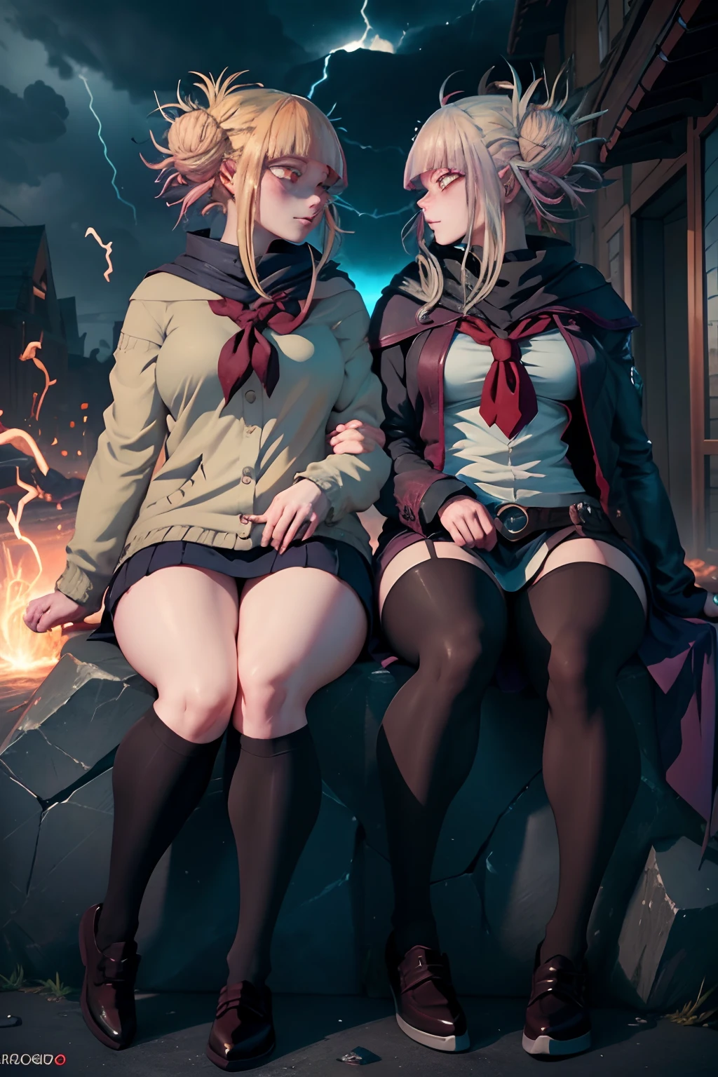 Imagine and describe a fused being formed by Toga Himiko, the chameleon-like villain from My Hero Academia, and Thor, the god of thunder from Marvel. It details how this combined entity takes on the appearance of a divine and sinister warrior, describing his clothing, face, and distinctive features. Then, explore the unique abilities and powers that this being possesses, how they use their shapeshifting and thunder control abilities, and how they interact with their surroundings and the characters of both universes.