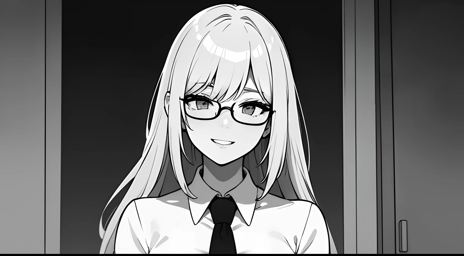 masterpiece、top-quality、hight resolution、High-quality images、8K、1maidennurse、detaileds、Detailed eye depiction、skin gloss、shinny hair、Monochrome grayscale、cabelos preto e longos、Soft hair、Lisa、Speciality、Glasses、fancy dress、Loosened tie、Thin laughter