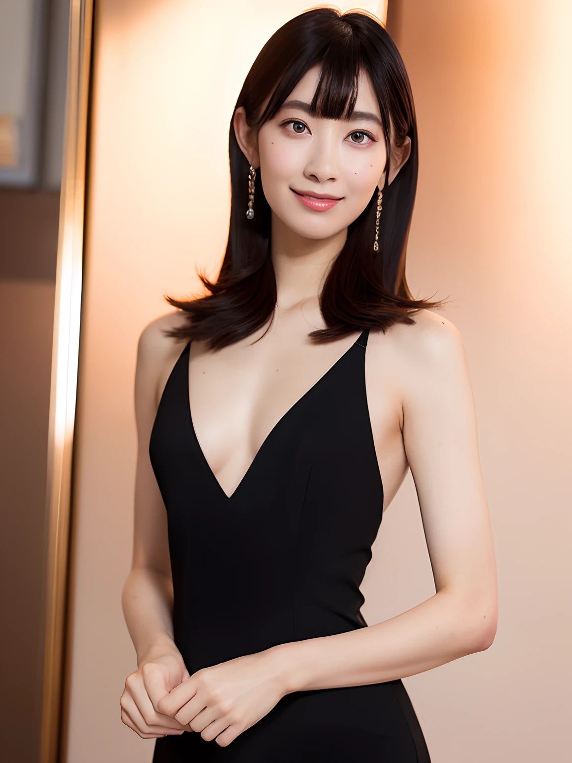 black_dress、
((masterpiece:1.4、top-quality))、((masterpiece、top-quality))、(Photorealistic photography:1.4)、Professional lighting、physically-based renderingt、extremely detailed eye and face、Eyes in Beautiful Details、Japanese ido(Japanese actressl)、thin and thin legs、((fullnude))
