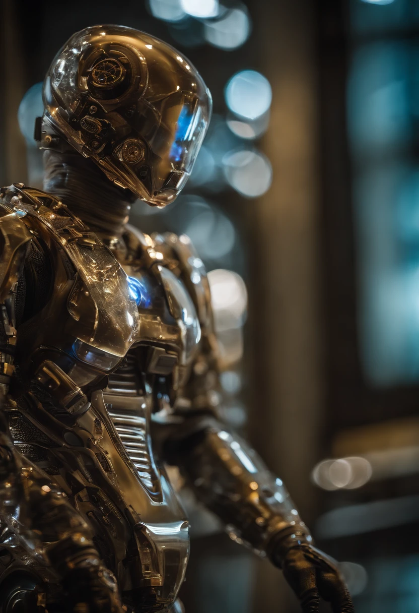 Photographic portrait of camouflaged mechanical suit (transparente), ((bokeh claro)), complexo, (liquid water (translucent) [ferrugem]), Sharp and elegant focus, Foto tirada por Greg Rutkowski, soft-lighting, cores vibrantes, obra-prima, ((ruas )), rosto detalhado