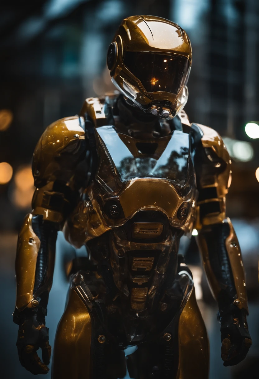 Photographic portrait of camouflaged mechanical suit (transparente), ((bokeh claro)), complexo, (liquid water (translucent) [ferrugem]), Sharp and elegant focus, Foto tirada por Greg Rutkowski, soft-lighting, cores vibrantes, obra-prima, ((ruas )), rosto detalhado