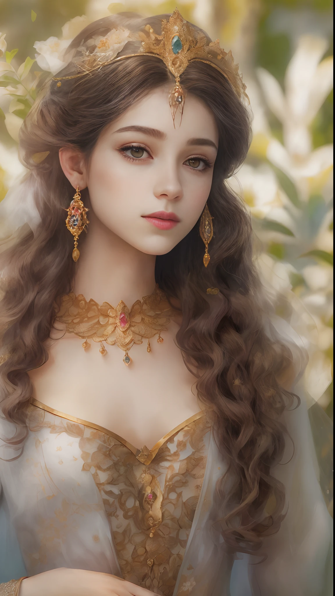 (Best quality, 4K, 8K, A high resolution, Masterpiece:1.2), Ultra-detailed, Realistic portrait of the upper body of an 18 year old aristocratic girl, Exquisite facial features,Clear and shiny eyes,Long brown curly hair details expressed, The posture is leisurely and natural,Graceful posture, The golden ratio of the head and body,Dreamy atmosphere, expressive brush strokes, mystical ambiance, Artistic interpretation,Delicately coiled hair,Floral jewelry with exquisite details, Crystal diamond jewelry,Small fresh aesthetics,Stunning intricate costumes, Fantasy illustration, Subtle colors and tones, mystical aura,The details have been upgraded