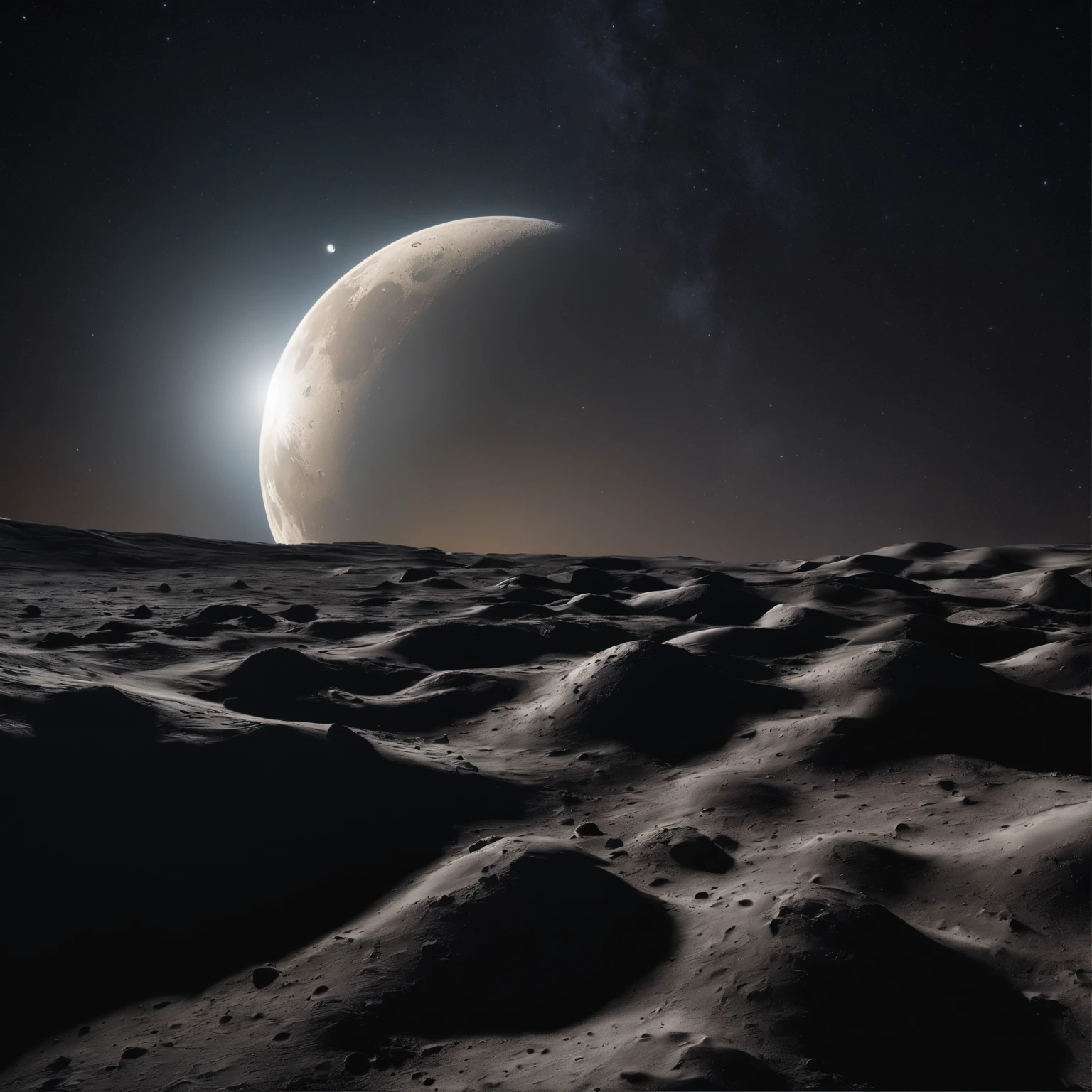 Master Parts、Superior Quality、superior image quality、The 8k quality、Beautiful pictures of the starry sky、magnifica、Arched Milky Way:1.25、Alafed view of Earth from the lunar surface:1.25, Lunar surface, space photo, on the moon, moon background, moon background, on the moon, Lunar soil, space photo, moonscape, Focus on the Moon, On Moon, Numerous craters, Seeing the Earth from the surface of the moon:1.9, big earth in the sky:1.9, Crashed and weathered spaceship