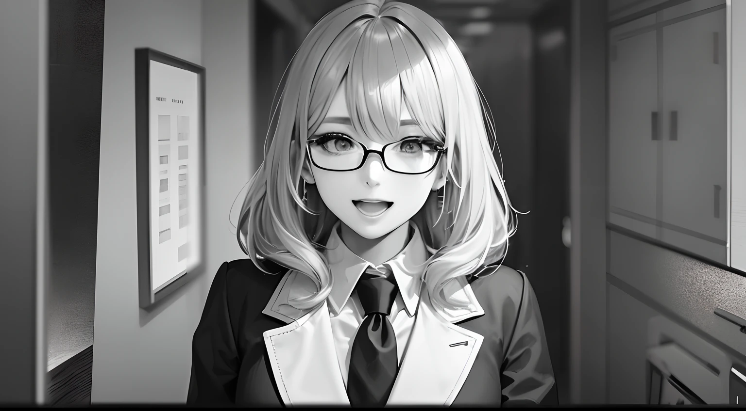 masterpiece、top-quality、hight resolution、High-quality images、8K、1maidennurse、detaileds、Detailed eye depiction、skin gloss、shinny hair、Monochrome grayscale、cabelos preto e longos、Soft hair、Lisa、Speciality、Glasses、fancy dress、Loosened tie、Thin laughter