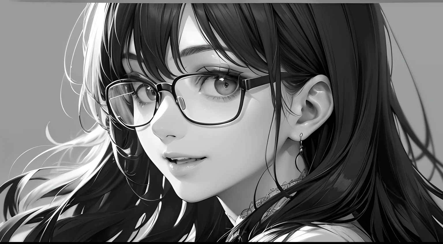 masterpiece、top-quality、hight resolution、High-quality images、8K、1maidennurse、detaileds、Detailed eye depiction、skin gloss、shinny hair、Monochrome grayscale、cabelos preto e longos、Soft hair、Lisa、Speciality、Glasses、fancy dress、Loosened tie、Thin laughter