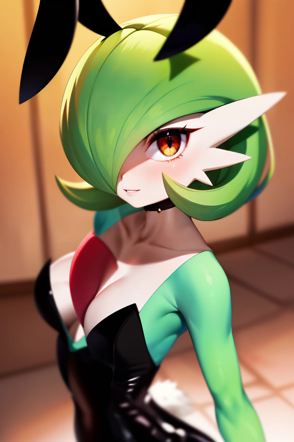 obra maestra, best_quality, 1girl, solo, gardevoir, creatures \(company\), game freak, nintendo, pokemon, pokemon \(game\), flequillo, piel coloreada, enfoque femenino, pokemon gen 3, cabello verde, piel verde, cabello sobre un ojo, piel multicolor, pokemon \(criatura\), ojos rojos, cabello corto, piel de dos tonos, piel blanca, conejito playboy, leotardo negro, sonrisa.