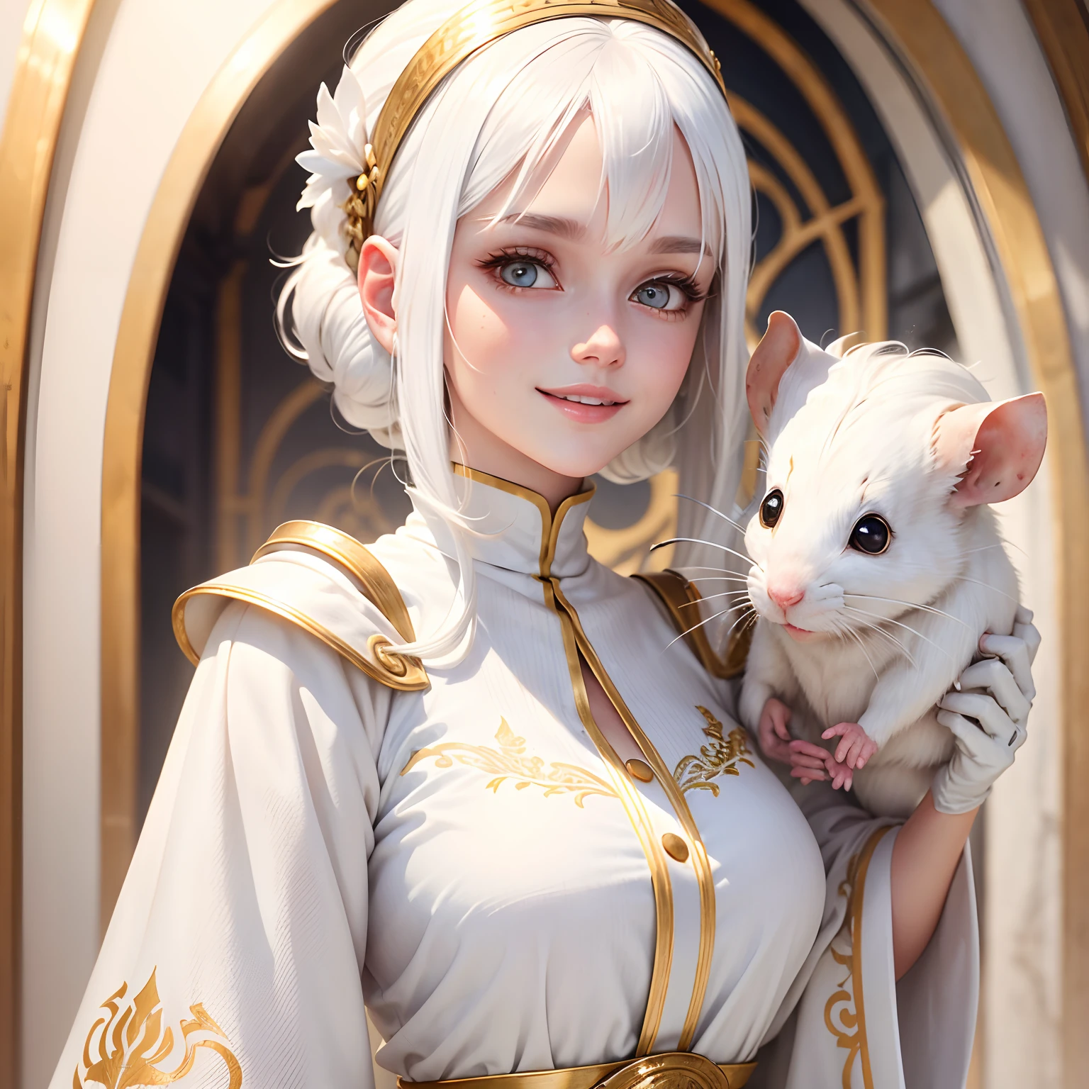 best quality, white hair, gold eyes, white clothes, looking up, upper body, hair strand, Fair skin, smiling, A rat is on her shoulder