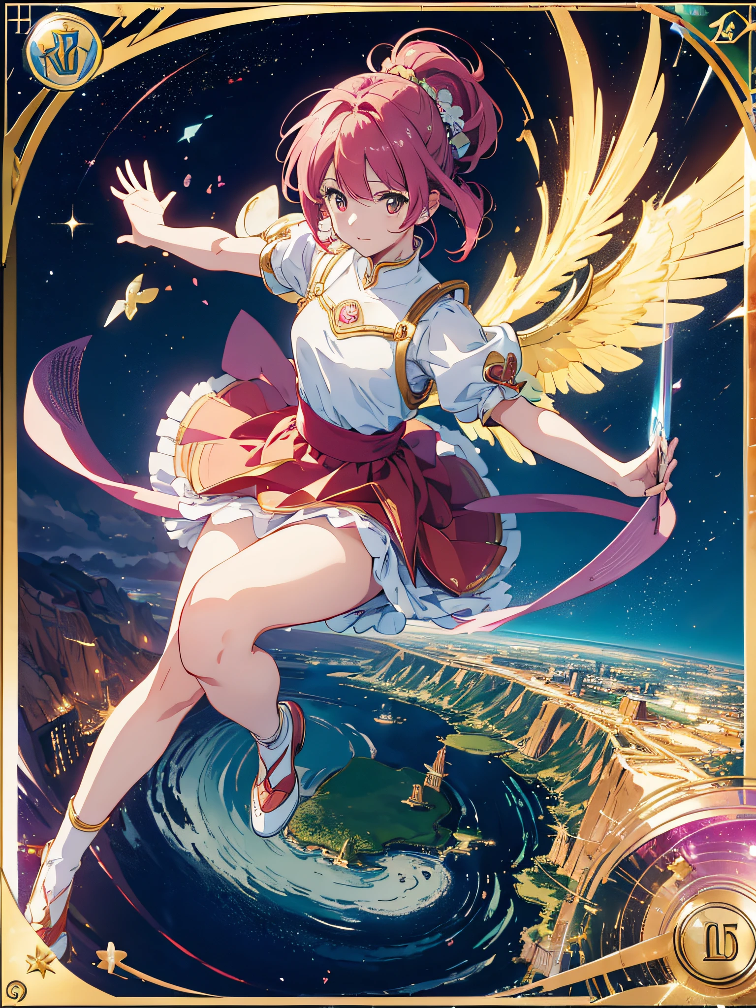 Sakura Card Captors, making victory sign, Kero-chan flying by her side, card symbolism, falling magic cards, full body, photography, (ultra-realistic), {extremely detailed 8k CG unit wallpaper}, photography expansive landscape, (an overhead view that prioritizes character and setting, wide open field view), (high angle shot), (high light: 1.7), (low light: 1.0), (warm light source: 1.5), Intricate details, (iridescent colors: 1.7), (bright lighting), (atmospheric lighting), dreamy, magical, Anime Cards reference