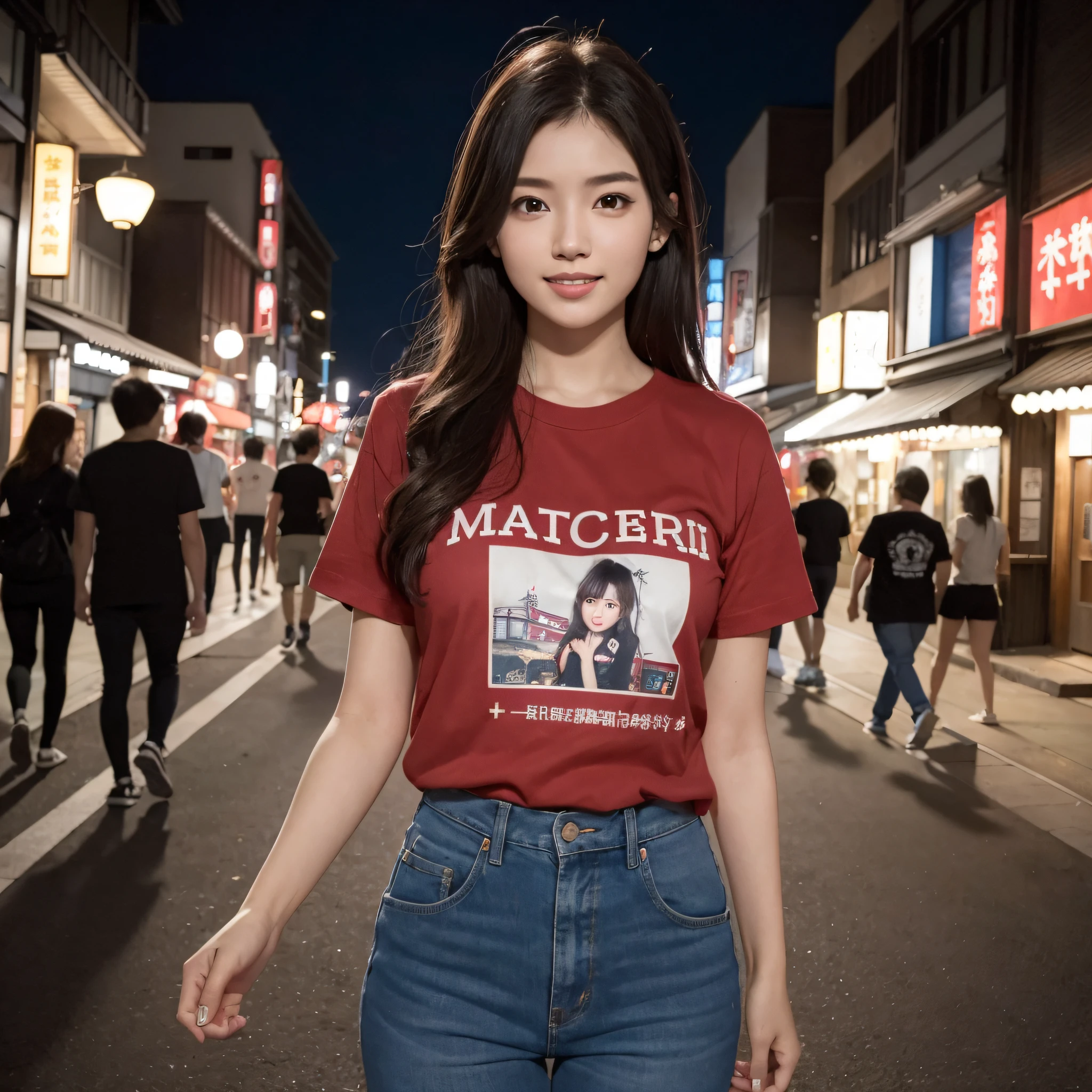 One beauty、((best qualtiy、8k masterpieces:1.3))、foco nítido:1.2、(ultra beautiful faces:1.0)、(shinny skin:1.0)、photos realistic、A dark-haired、Video Lighting、High-definition eyes and face、Video Lighting、25-year-old Japan actress、from the front side、medium breasts、Smile、Slender Abs Beauty、Whole body、Wearing a Japan T-shirt、In the downtown area at night