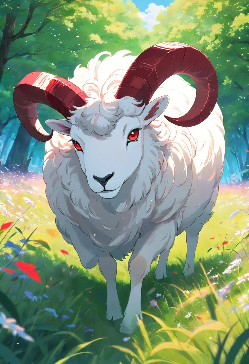 a detailed anime drawing of a wise elder white ram that gives off a aura of wisdom with red patterns on its fur, large curled horns, and red eyes wandering through a meadow by itself