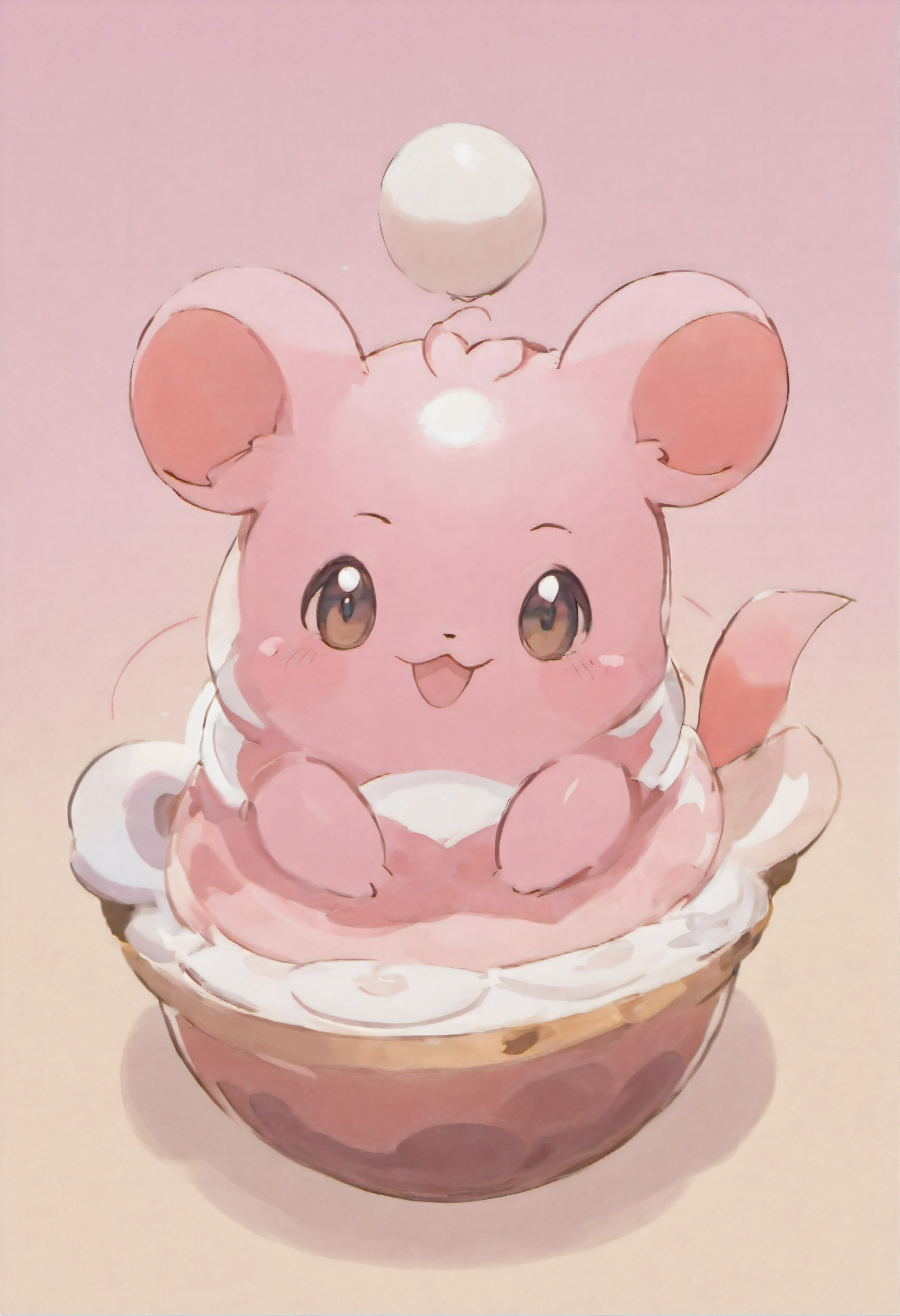 Pokémon Pudding,Cartoon image of pink and white Pokémon character, Pastels inspired by Chinese writers, shutterstock, mingei, Bulbapedia, pink iconic characters, similar to pokemon, style of cute pokemon, cute mouse pokemon, mew, new pokemon, guggimon, sylveon, illustration pokemon, leaked image, weird pokemon, ken sugimori art