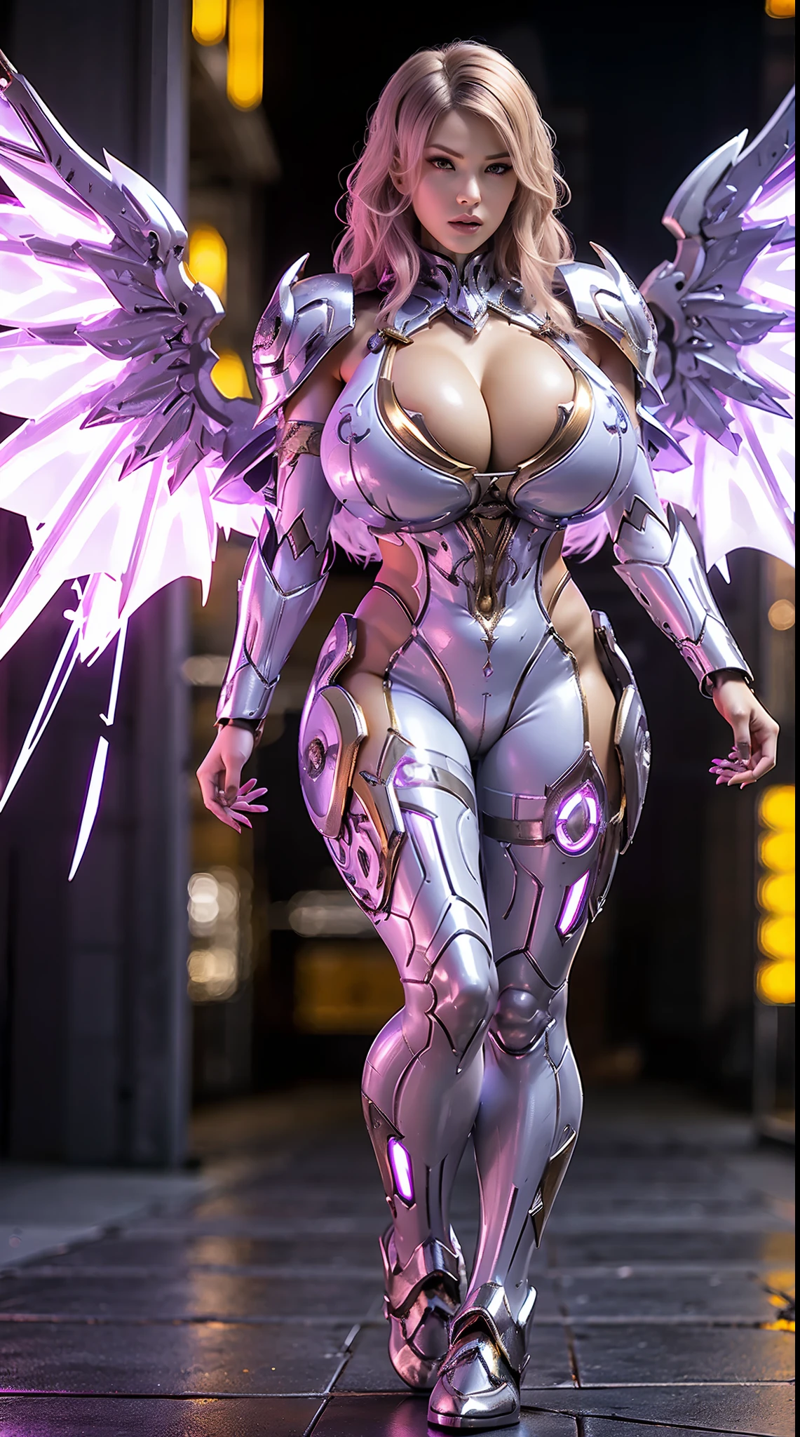 A WOMAN, BEAUTIFULL FACE, HUGE BOOBS, RGB, WHITE, GOLD, PURPLE, MECHA ARMOR FULL SUIT, (CLEAVAGE), (A PAIR LARGEST WINGS), TRANSPARANT, TALL LEGS, STANDING, SEXY BODY, MUSCLE ABS.