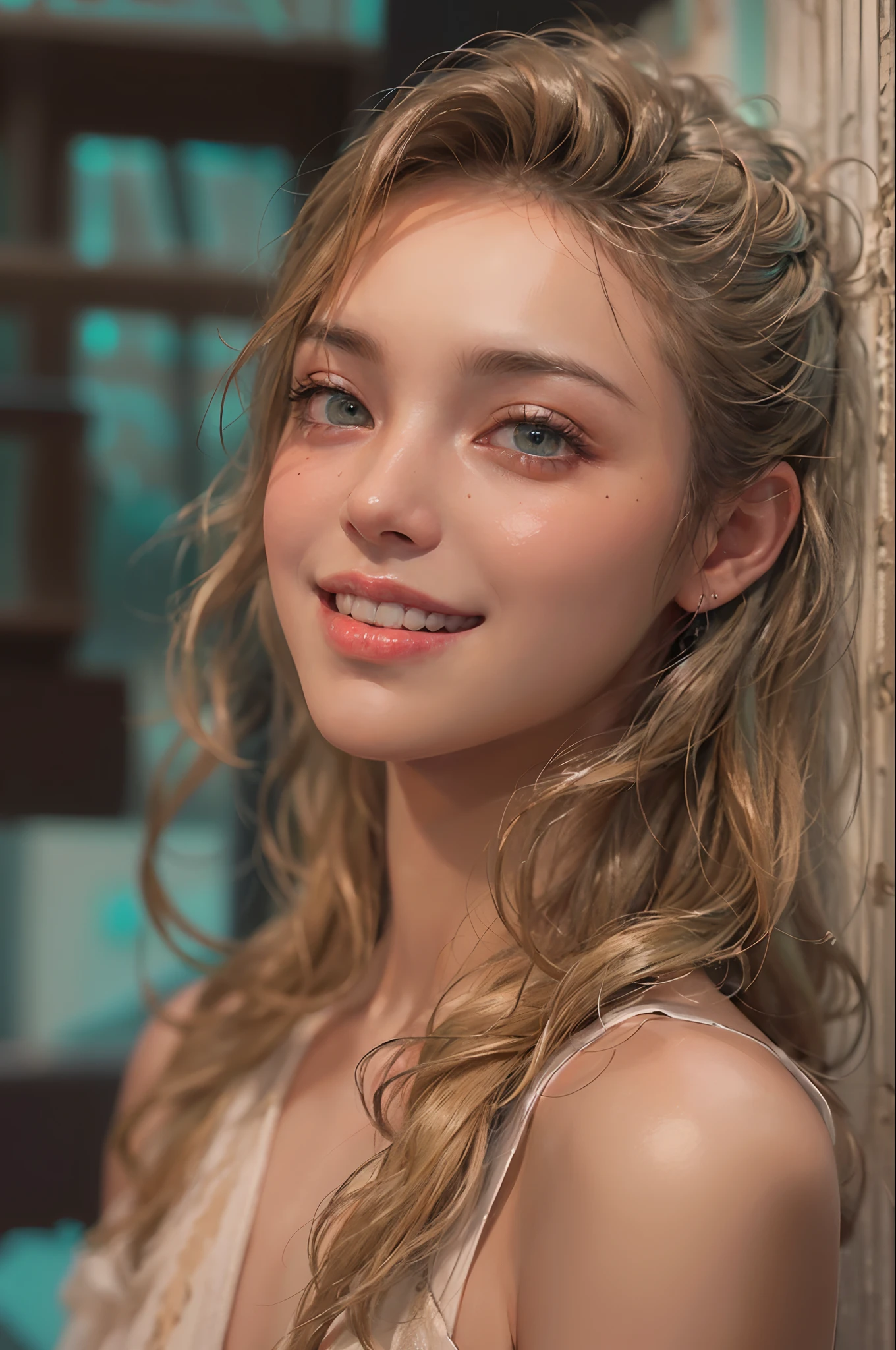 (ultra realisic), (Illustration), (Resolution Enhancement), (8K), (Extremely detailed), (Best Illustration), (beautiful-detailed eyes), (Best Quality), (The ultra-detailliert), (Masterpiece ), ( wall paper), (Detailed face),a blond, Wavy hair,(hi-top fade:1.3), (Smiling broadly, bright look), dark theme, soothing tones, muted colors, High contrast, (Natural skin texture, hyperrealism, Soft light, edgy),exposure blend, medium shot, Bokeh, (HDR:1.4), High contrast, (films, teal and orange:0.85), (muted colors, faded colors, soothing tones:1.3), Low saturation, (hyperdetailed:1.2), (black:0.4)