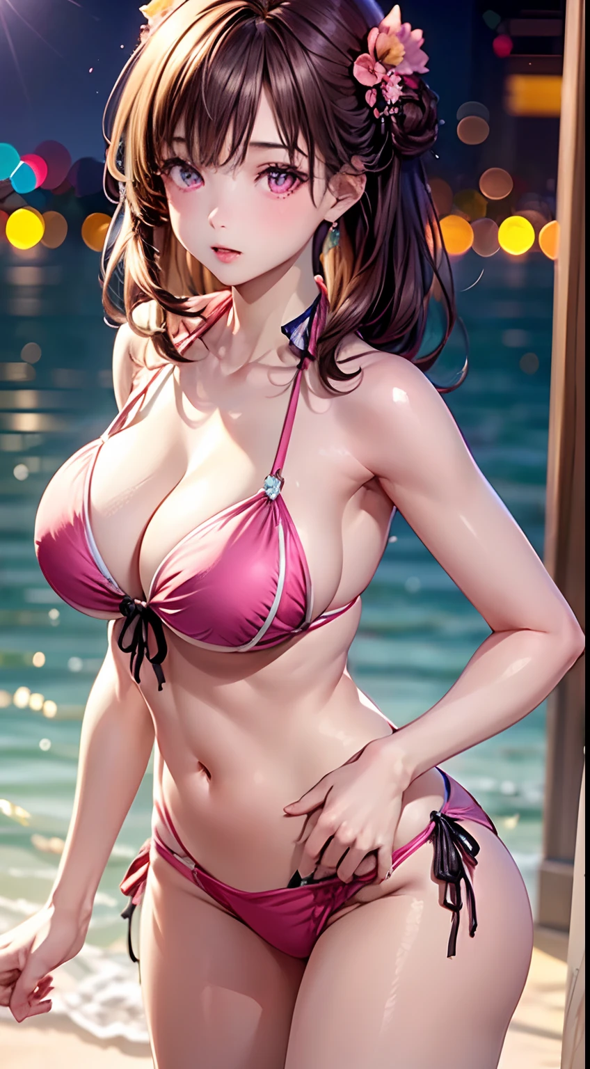 ((1girl in)), (Twin-tailed), Brown hair, Amazing face and eyes, Pink eyes, (amazingly beautiful girl), Brown hair, (The bikini:1.5), ((Best Quality)), (Ultra-detailed), (extremely detailed CG unified 8k wallpaper), Highly detailed, High-definition raw color photos, Professional Photography, (((Bokeh))), depth of fields,