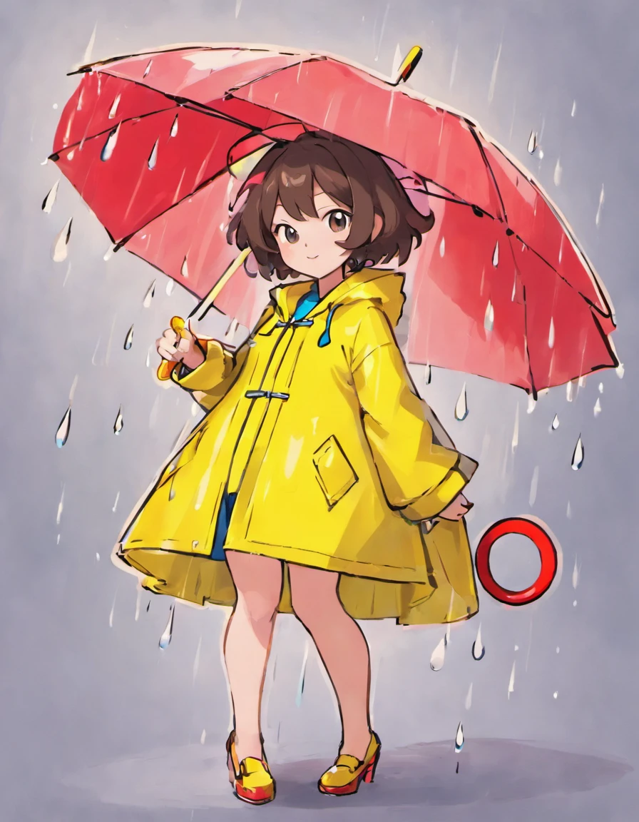 can you draw a lady in a pvc yellow rain coat, holding a large red umbrella, the lady has large breasts and is about 50 years of age, she has long legs, she has short hair, with it styed to one side, her hair is a dark brown, drawn by sowsow