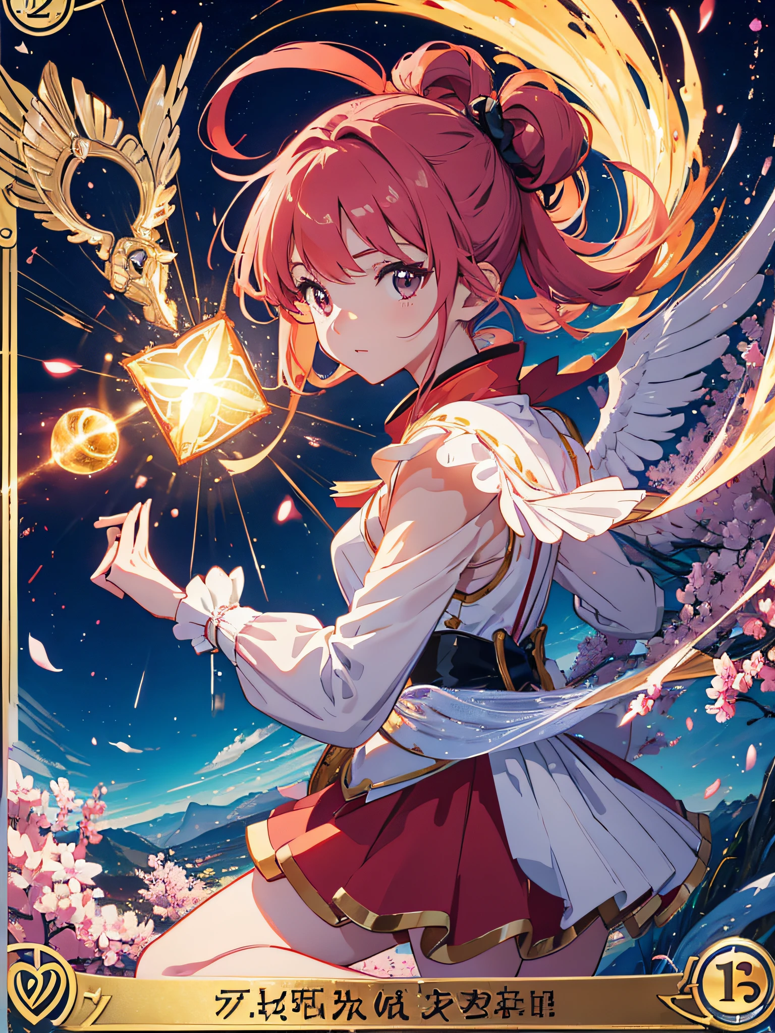 Sakura Card Captors, making victory sign, Kero-chan flying by her side, card symbolism, falling magic cards, full body, photography, (ultra-realistic), {extremely detailed 8k CG unit wallpaper}, photography expansive landscape, (an overhead view that prioritizes character and setting, wide open field view), (high angle shot), (high light: 1.7), (low light: 1.0), (warm light source: 1.5), Intricate details, (iridescent colors: 1.7), (bright lighting), (atmospheric lighting), dreamy, magical, Anime Cards reference