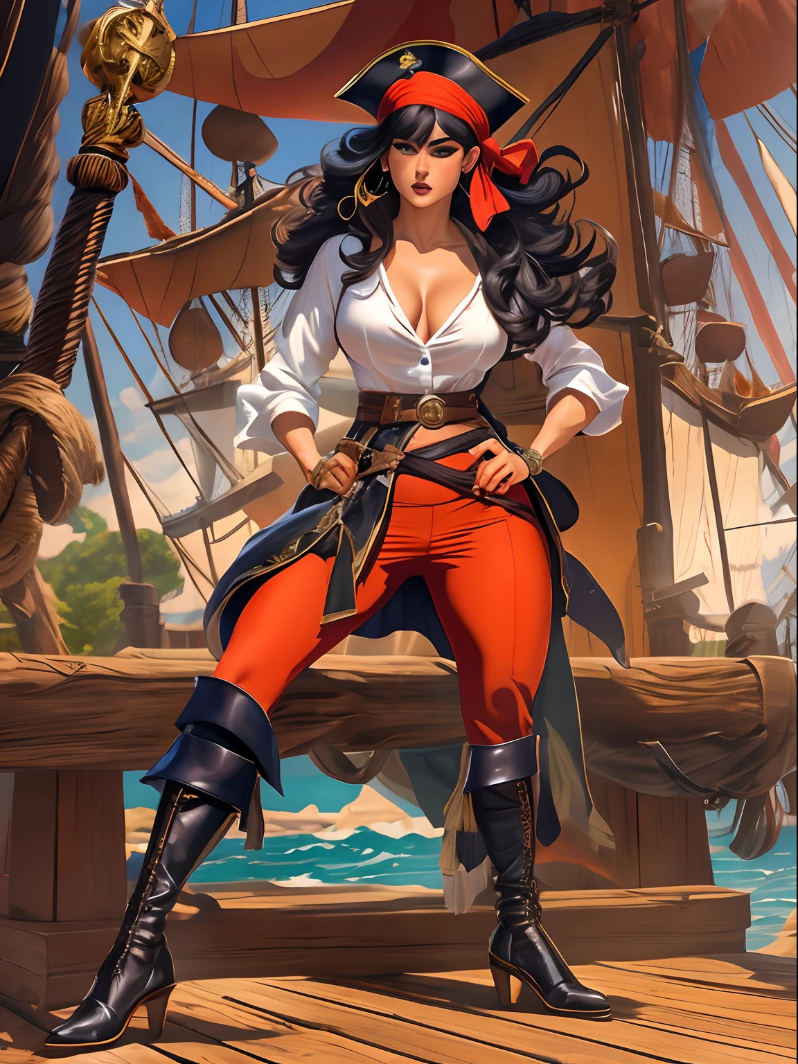 (SFW)Inspirado na arte de John Buscema,1mulher pirata, cabelos longos negros, red headband, olhos negros, corpo delgado, middlebreasts, arrogante, wearing shirt with buttons,manga comprida,cinto com fivela exagerada,tight dress pants,botas de bucaneiro, sensual,Striking a superior pose with two sharp swords in his hands,on the deck of a pirate ship, cena detalhada, cena perfeita,(SFW)