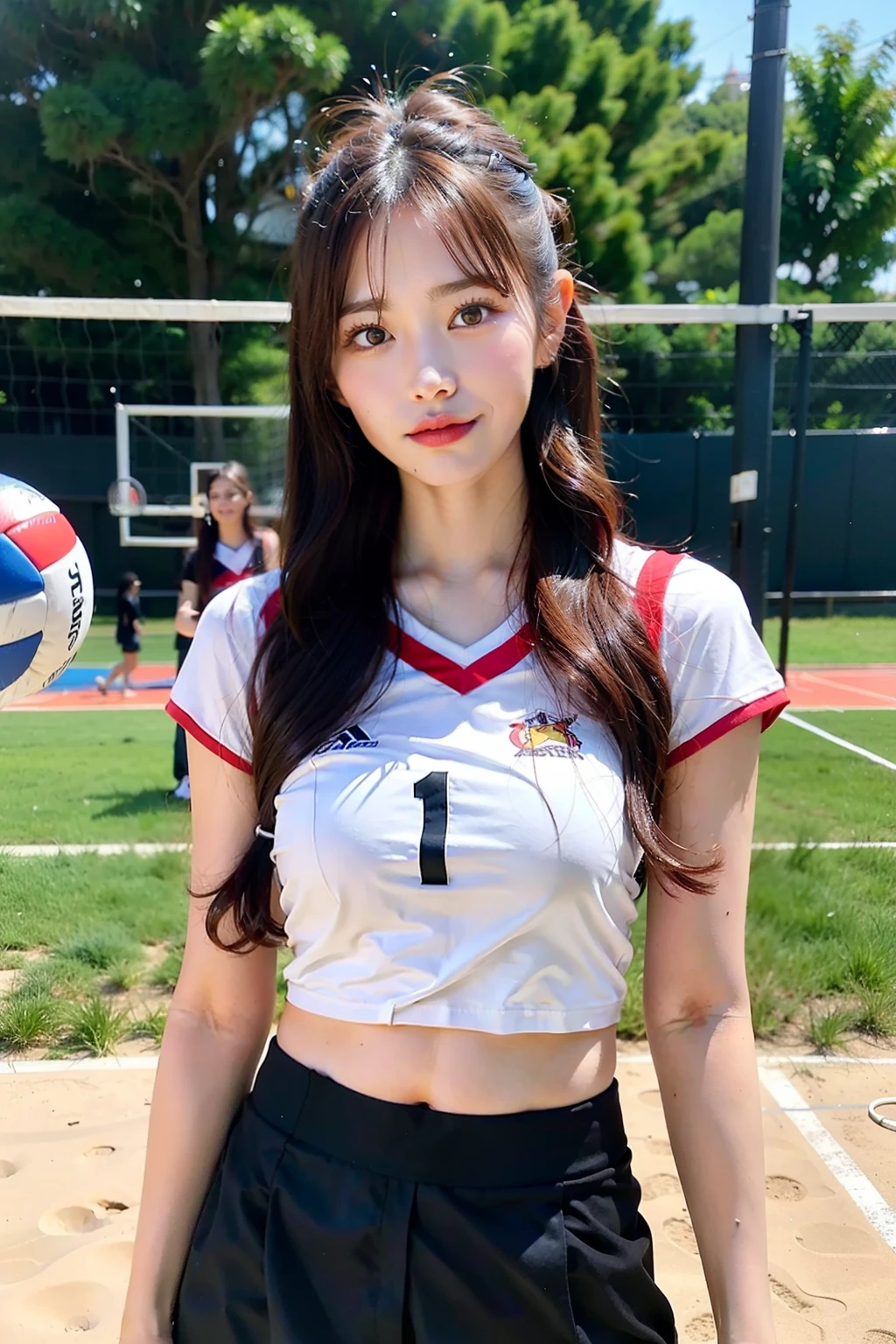 ​masterpiece:1.2、top-quality)、realisitic、(Authentic Photos、intricate detailes、depth of fields)、(1 girl in、独奏)、make - up、Parted lips、Highly detailed perfect face、(mideum breasts:1.4)、Constriction、tall、Shiny coral lips、Red hair、red eyes、poneyTail、（A girl playing volleyball、Volleyball Uniforms）、The navel is visible、（Sweating：1.2）、（wet​）、A sexy、red blush、Volleyball Court、Volleyball Net、Gymnasium、audience