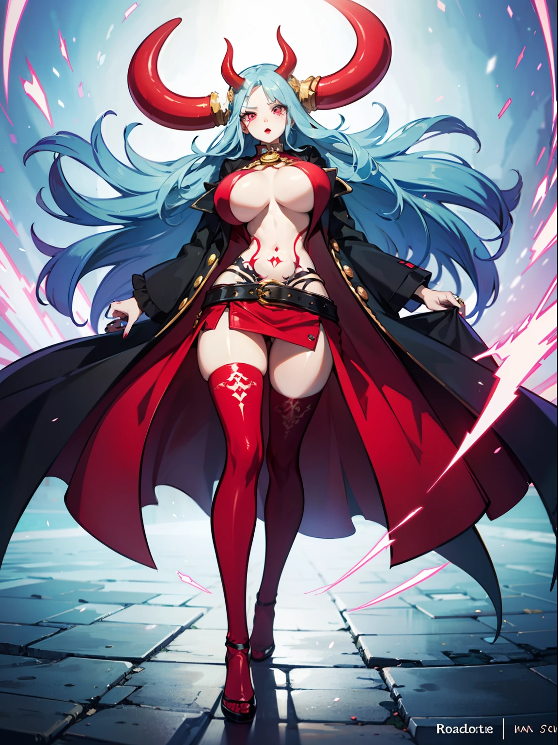 Good quality, full body picture, huge boobs, 1woman, white skin, pretty face, pink eyes, long hair, light blue hair, red lips, red horns, red pirate clothing, scars, many tattoos, one piece art style