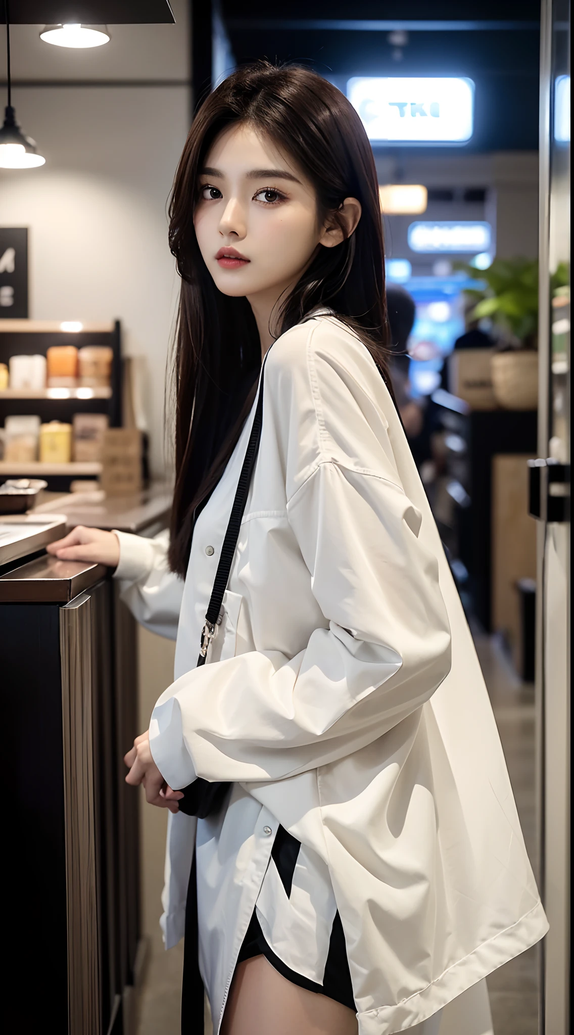 masterpiece、top-quality)、1 beutiful girl、Slim body、((Black and white plain clothes:1.1))、(Detailed beautiful eyes)、Walk around the store、((Boyish Brown Medium Hair))、((Smaller face))、((Neutral face))、((Face seen from the side))、((Light brown eyes))、((Korean Girl))、((25-years old))、((cool lady))、((Wild look))、((Korean Makeup))、((elongated and sharp eyes))、((Dating))、((looking distantly))、((boyish))、((Shot from the same height as your face))、((Viewers are tall))