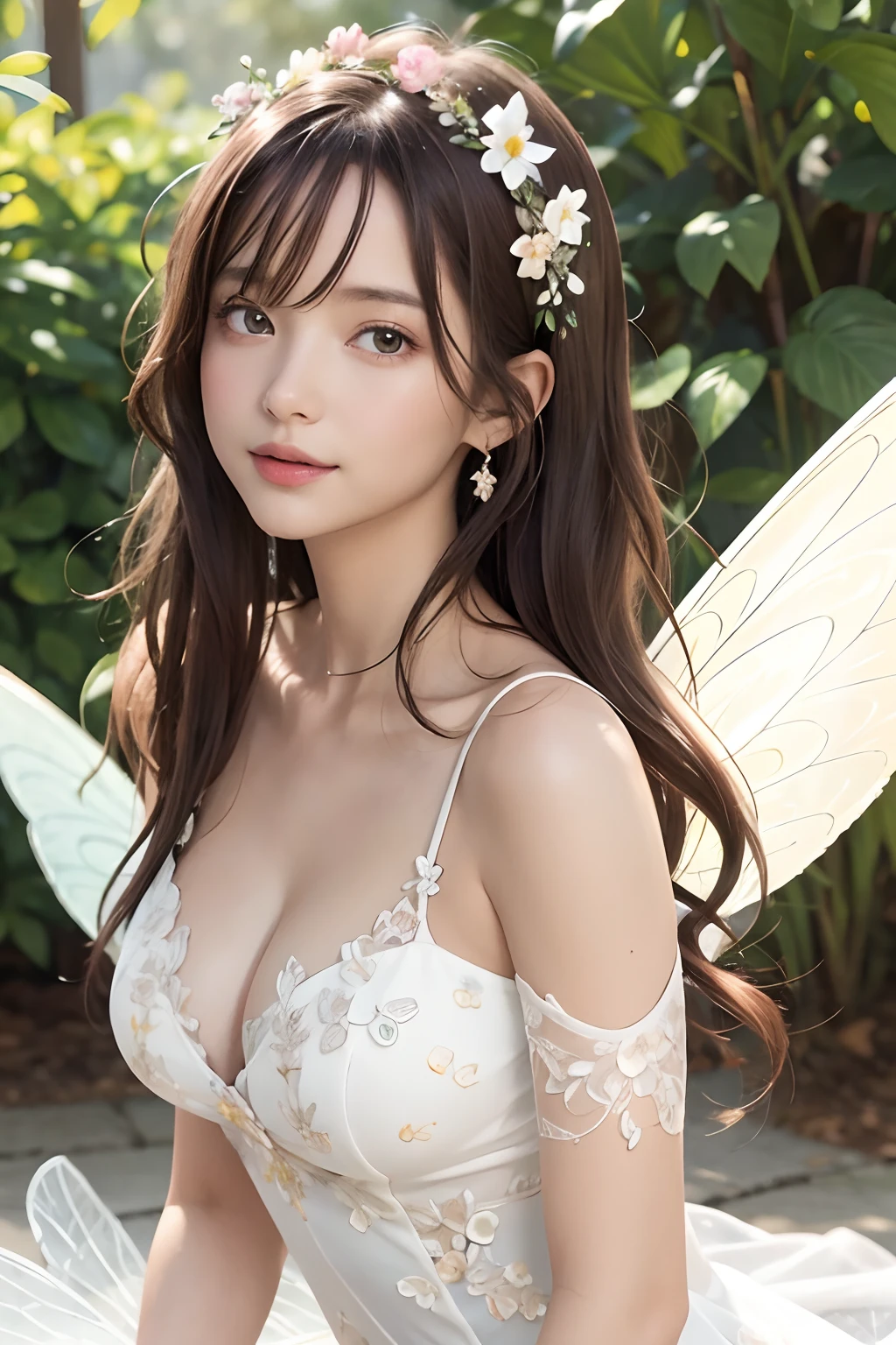 masutepiece, Highest Quality, (((masutepiece))), (((highest grade))), ((extra fine)), (Illustration), ((Extremely delicate and beautiful)), Dynamic Angle, floating, (fairy wings: 1.4), (Beautiful detailed eyes), (Detailed light), (1 girl), Medium bust, Medium Long Hair, dark brown sparkling eyes, dark brown hair, bodycon dress, natural, (Sunlight), (Painting), (sketch), (flower), slight smile, Pastel colors, FULL ANATOMY, Upper body, extremely detailed beautiful face,