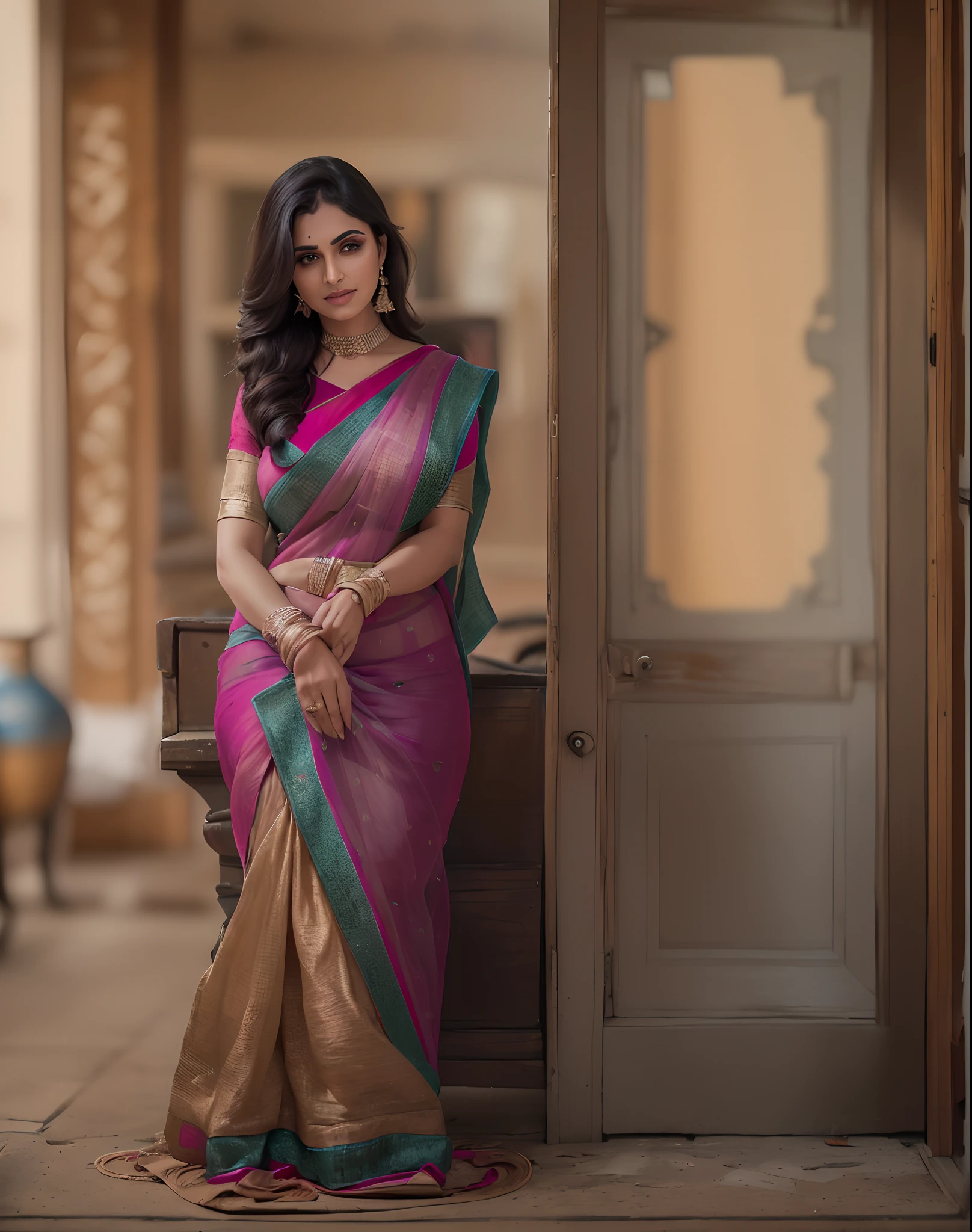 (masterpiece, best quality) (hyper realistic, 8k), Indian most beautiful super rich wife aging around 35, going through mid life crisis ((if she does seek some intimacy from her husband, he finds it odd as he is used to his wife being ‘busy’ in the household chores. The woman finds herself in a situation where she feels ‘un-needed’ and deserted. She has no career to fall back on and the people whom she had kept in the ‘center-of-her-universe’ no longer do the same for her. This existential distress is very unnerving and it is possible that being in a ‘sick-role’, and its resultant resumption of attention towards her from the family helps validate her ‘importance’ and hence reassuring. Additionally, an excess of free time available in this stage of life – provides opportunity for brooding and ruminating.)), Expressions showing disappointment and wondering what to do in life, sitting alone in sophisticated super rich mansion, eyes staring at something on ground unitntionally, wearing plane solid colour saree and blouse, heavy boobs, healthy chubby body, tied up hairs, lost in own thoughts, full body shot, shot from front at a far distance, beautiful limbs, beautiful mature face, depth of field, noise offset, cannon 5d mark IV, low brightness